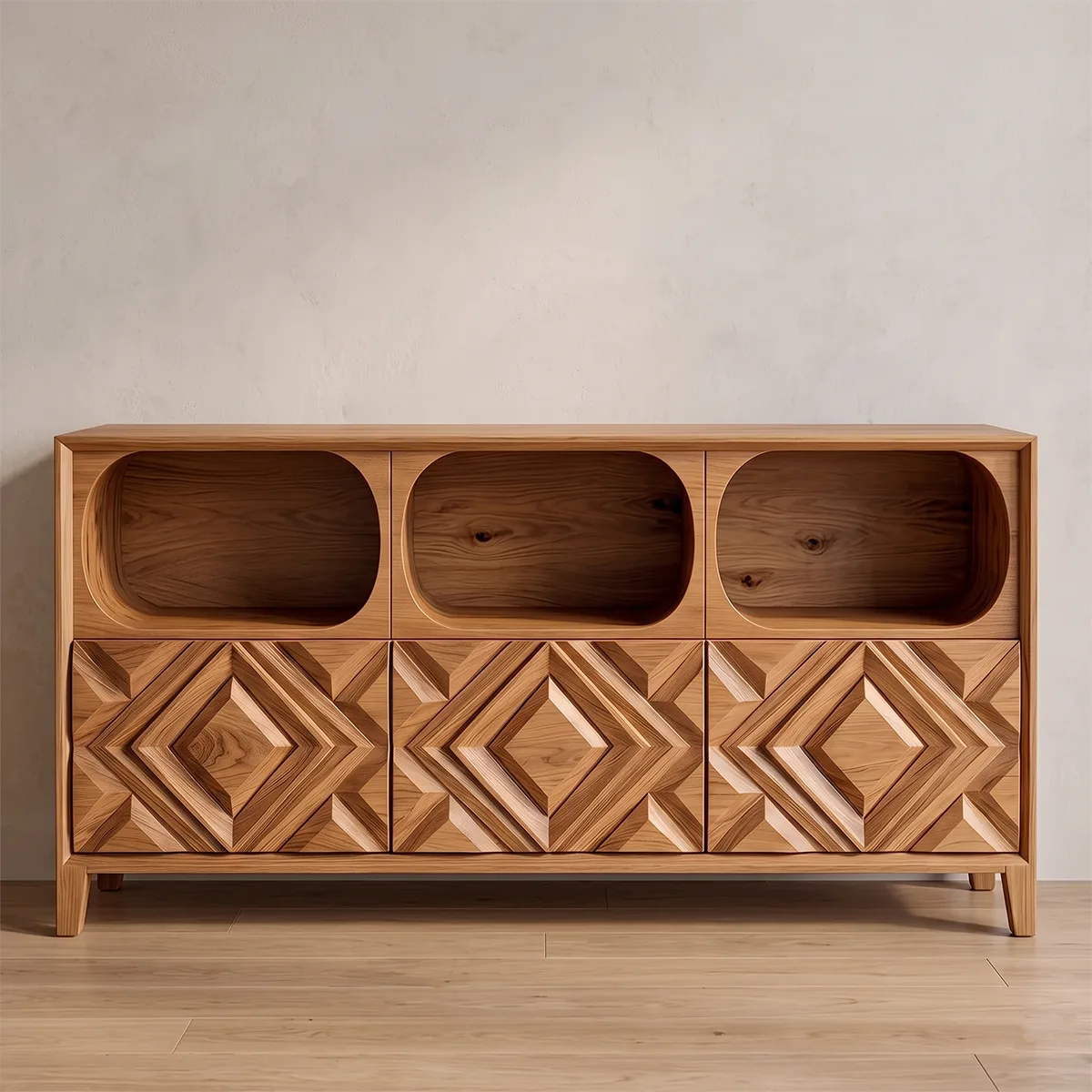 Modern Sideboard Cabinet | Geometric Carved Buffet Cabinet with Open Shelves & Storage TH003-2841