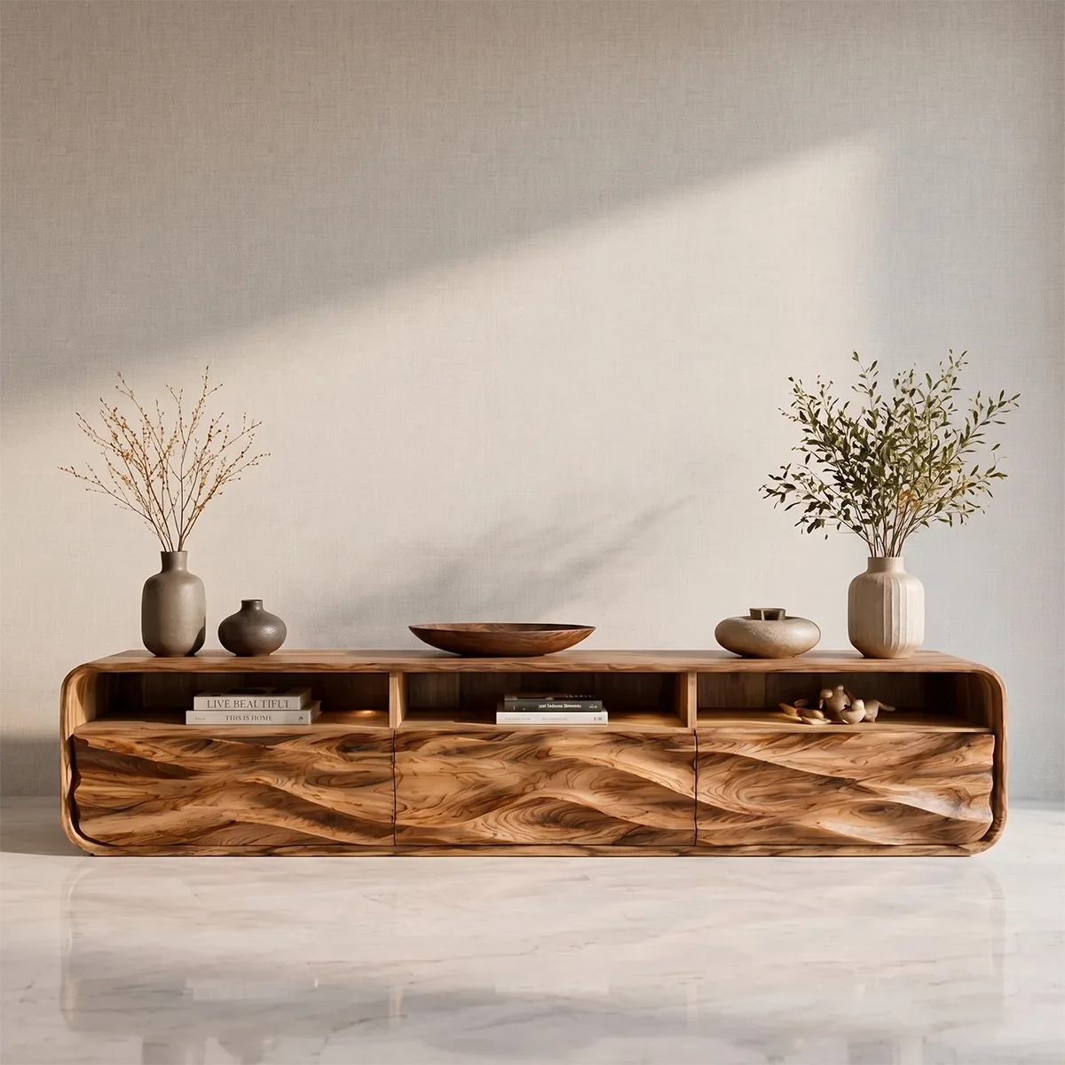 Mid Century Modern Solid Wood 3D Wavy Carved TV Stand