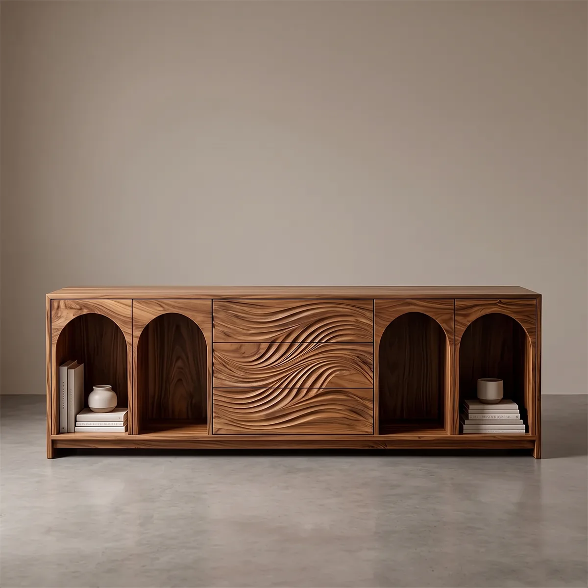 Modern Sideboard Cabinet | Wave Front Buffet Cabinet with Arched Open Shelves & Drawers TH003-8213
