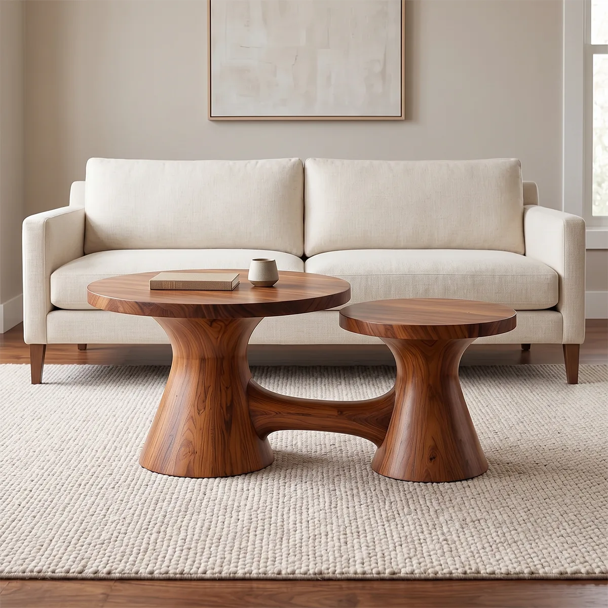 Two-Tier Round Coffee Table with Dual Pedestal Base | Sculptural Modern Living Room Table TH003-5PHH3EC
