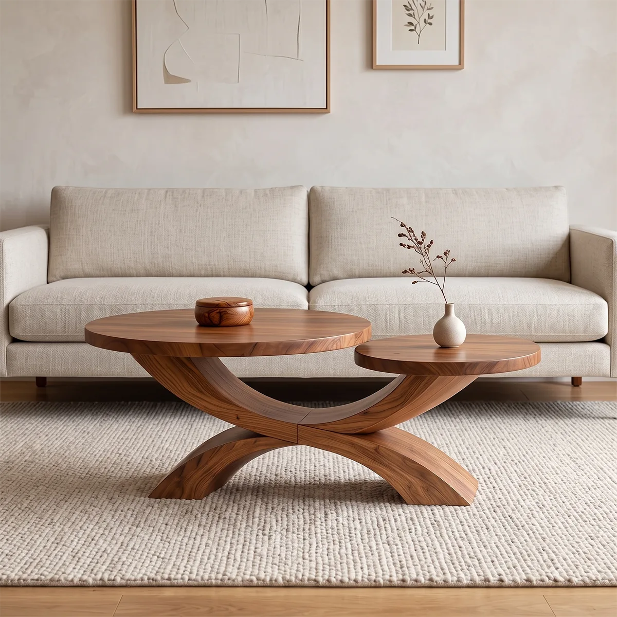Two-Tier Round Coffee Table with Sculptural Crossed Base | Modern Living Room Center Table TH003-1RTB8PD