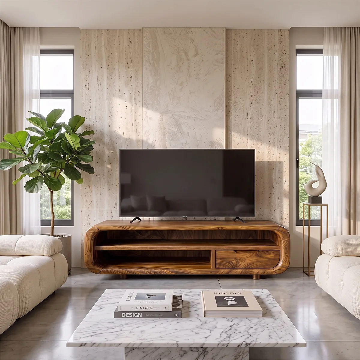 Modern Curved TV Stand with Open Shelves and Drawer | Low Profile Entertainment Console TH003-7VIY6HF