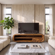 Modern Curved TV Stand with Open Shelves and Drawer | Low Profile Entertainment Console TH003-7VIY6HF