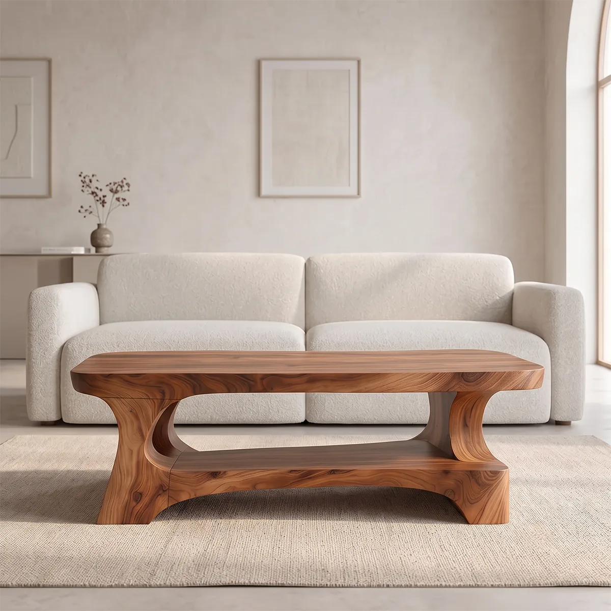 Organic Rectangular Coffee Table with Open Shelf and Sculptural Arch Base TH003-6JFK9PR
