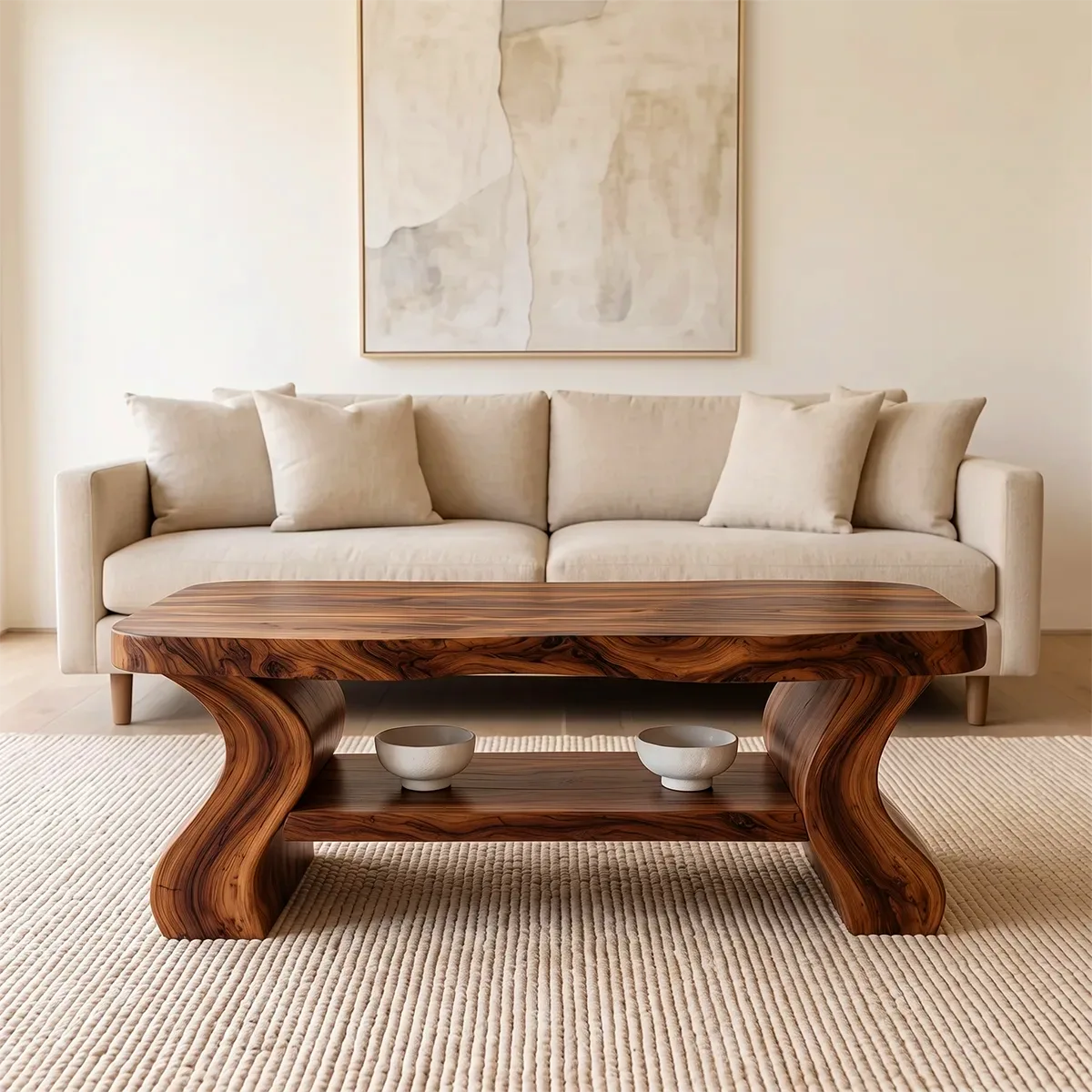 Sculptural Coffee Table with Open Lower Shelf and Curved Legs | Modern Living Room Table TH003-8YWG9UB