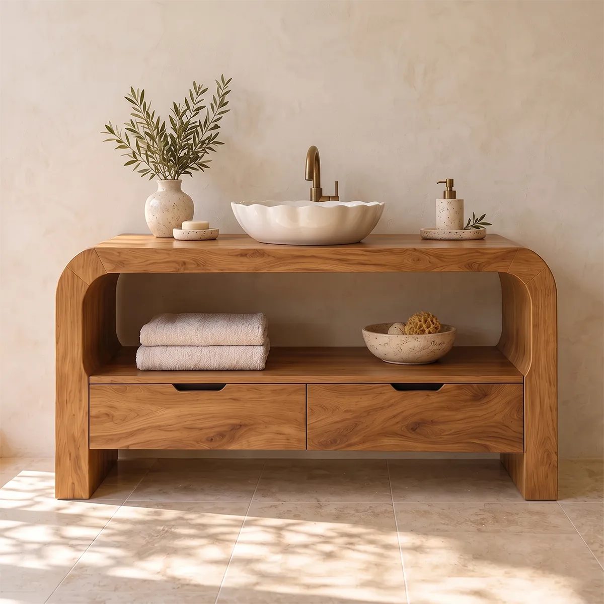 Curved Waterfall Bathroom Vanity | 2-Drawer Vanity with Large Open Storage Shelf TH003-4TMA9VP