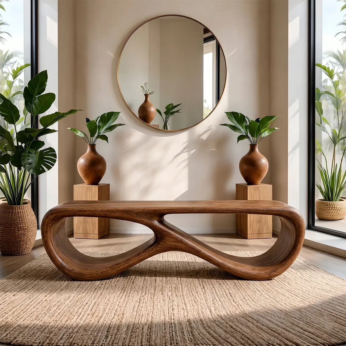 Organic Sculptural Solid Wood Bench for Modern Living Room and Entryway