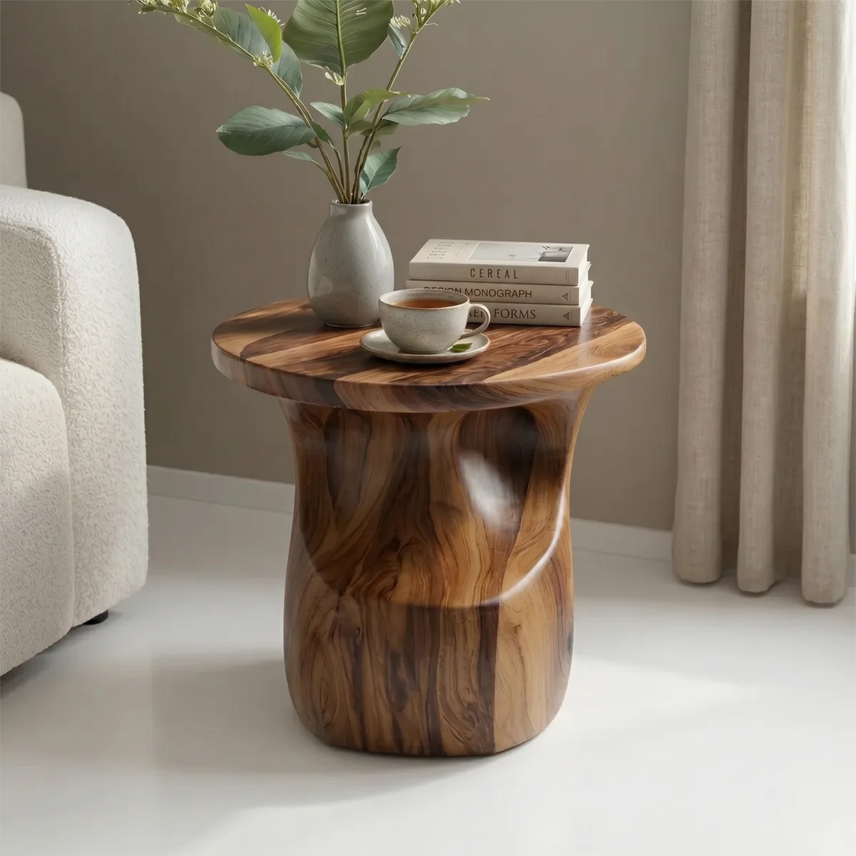 Sculptural Solid Wood Side Table, Round End Table with Curved Pedestal Base TH003-3965
