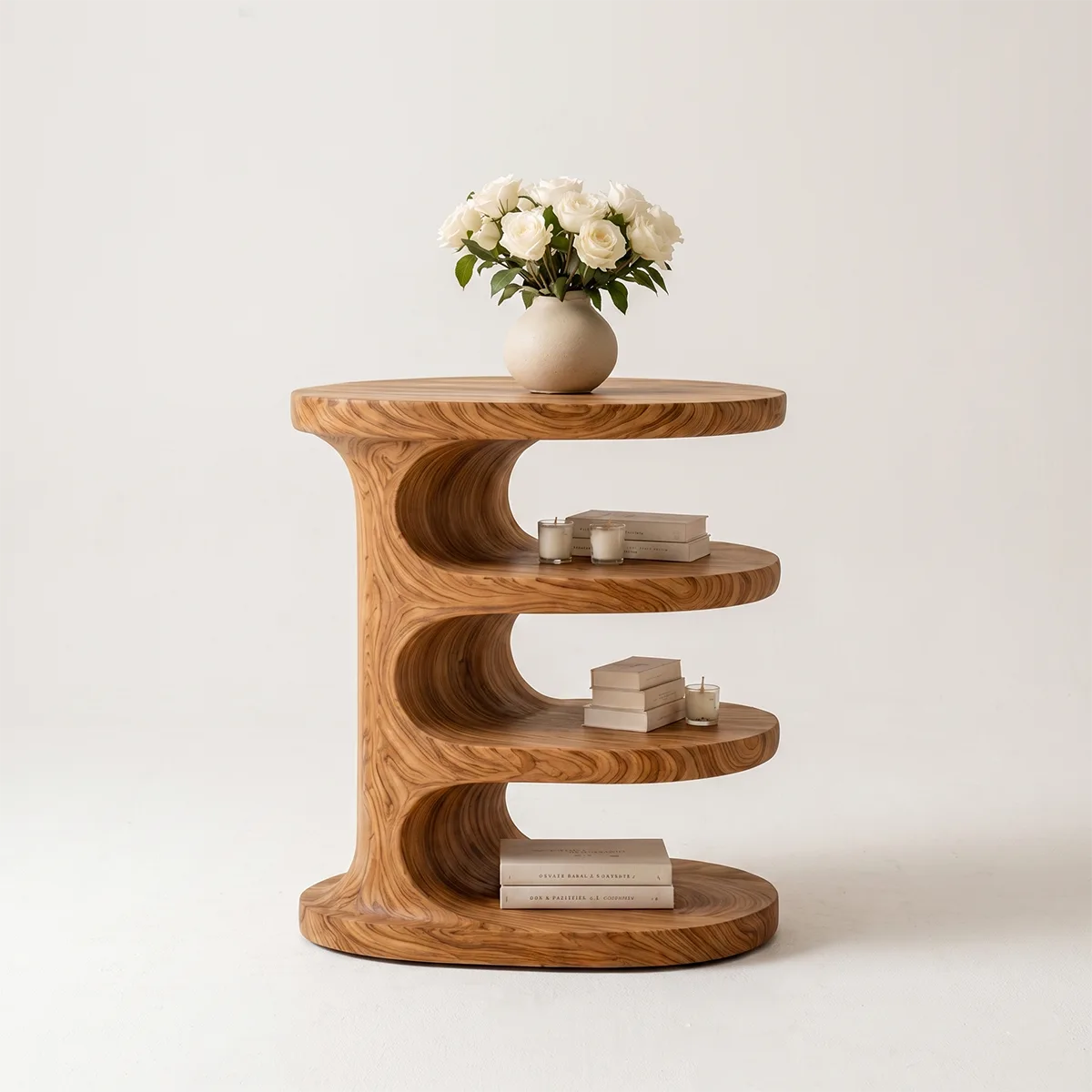 Handcrafted Solid Wood Round Nightstand Organic Open Shelf Bedside Table