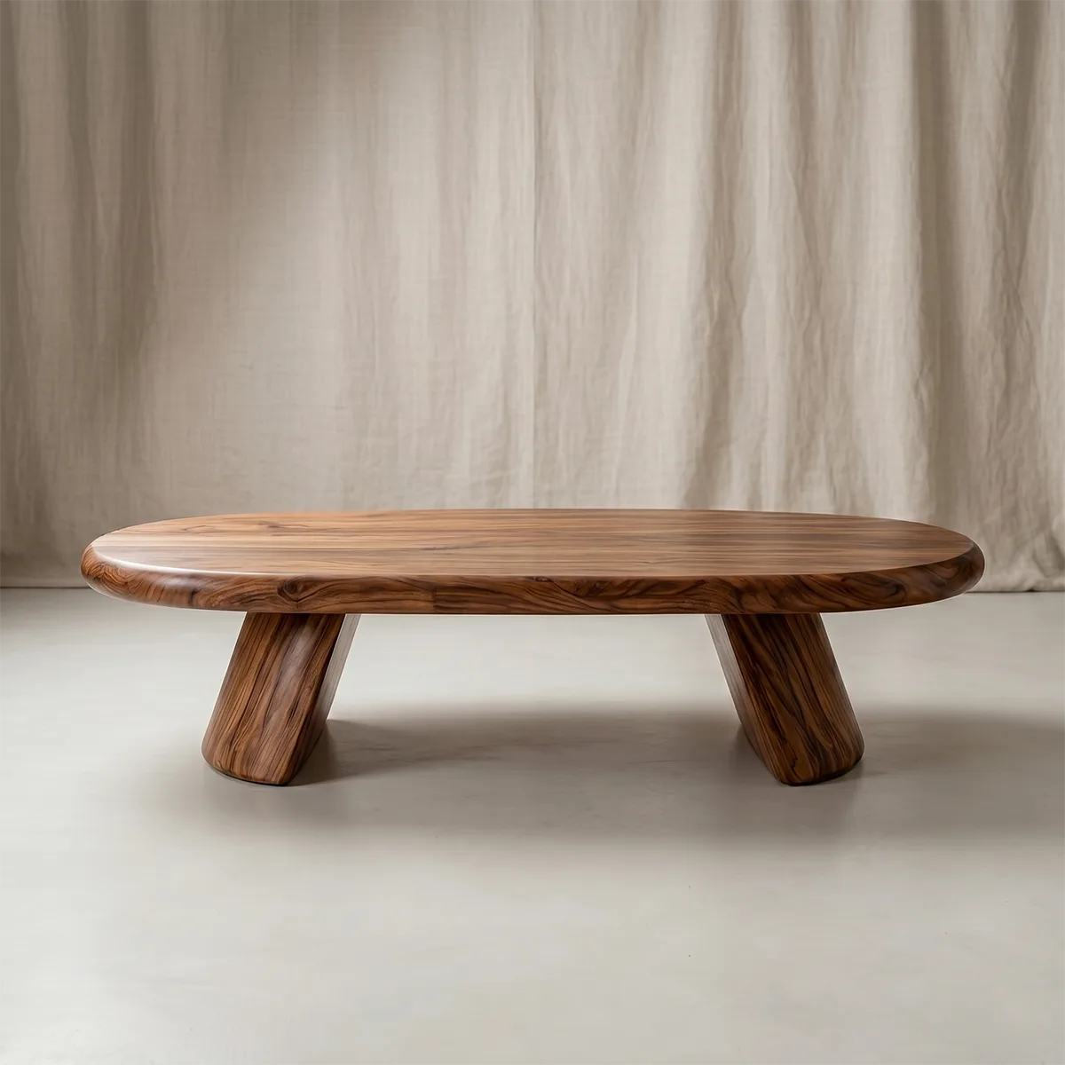 Modern Solid Wood Oval Coffee Table with Sculptural Pedestal Legs