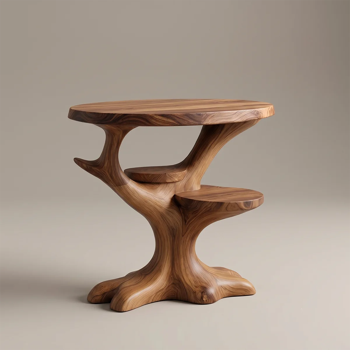 Sculptural Solid Wood Side Table with Shelves, Tree-Inspired End Table, Handcrafted Organic Wood Accent Table TH003-1094