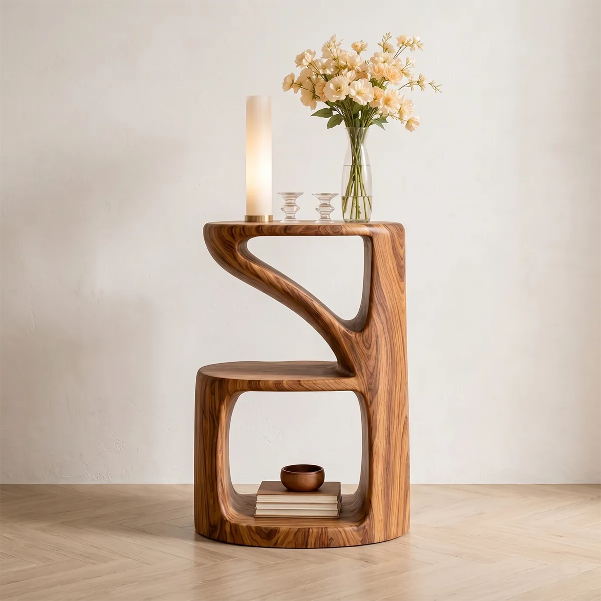 Handcrafted Solid Wood Side Table Sculptural Open Shelf Accent Table
