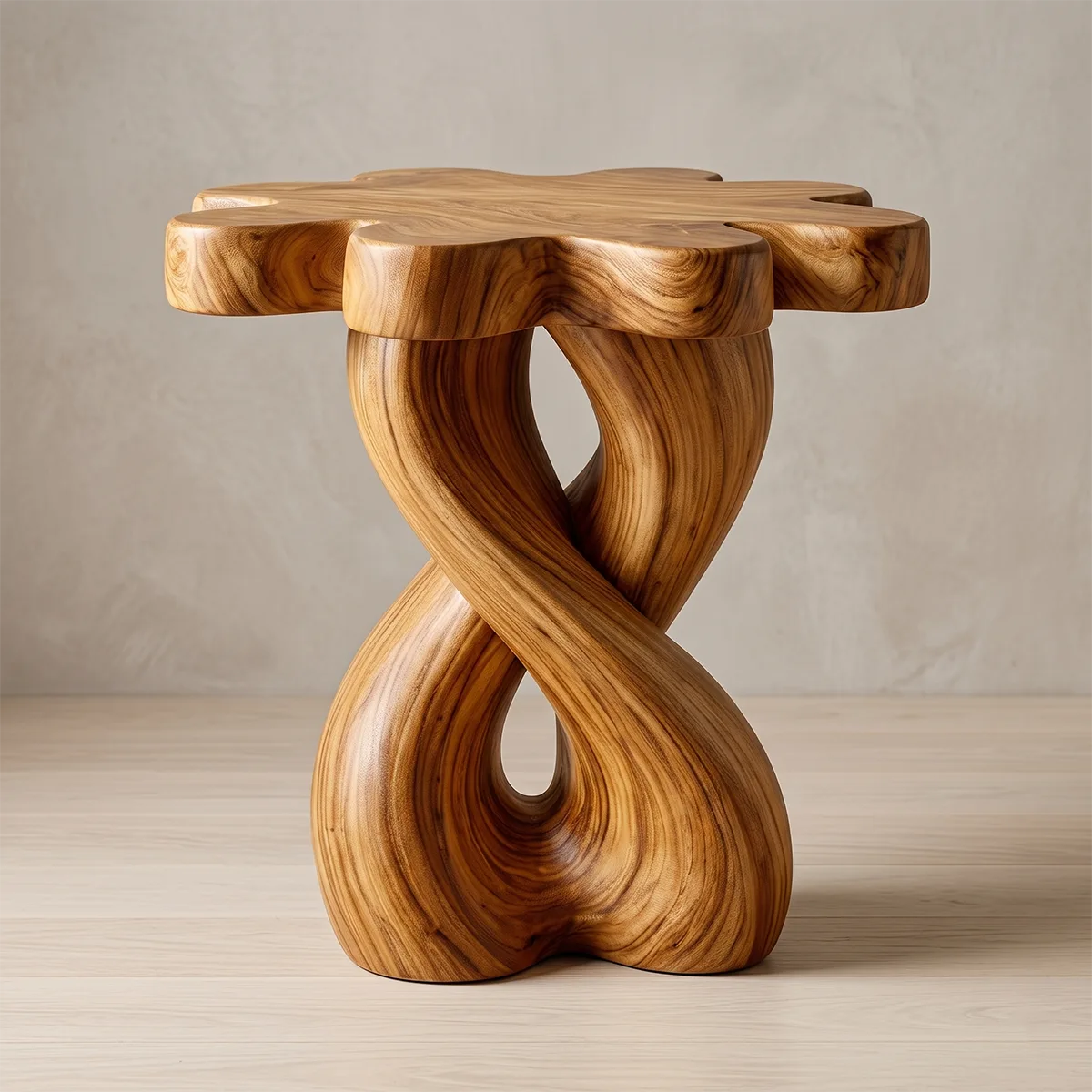 Wooden Nightstand With Twisted Base And Flower-Shaped Tabletop