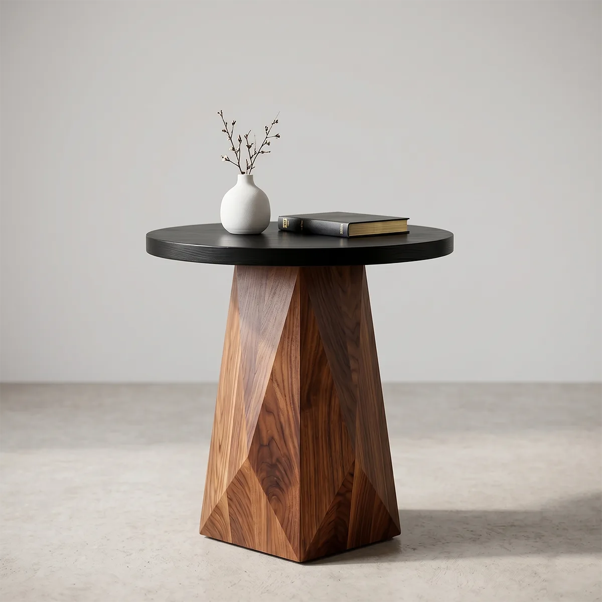Round Solid Wood End Table | Handcrafted Pedestal Side Table with Black Top for Living Room & Bedroom TH003-3811