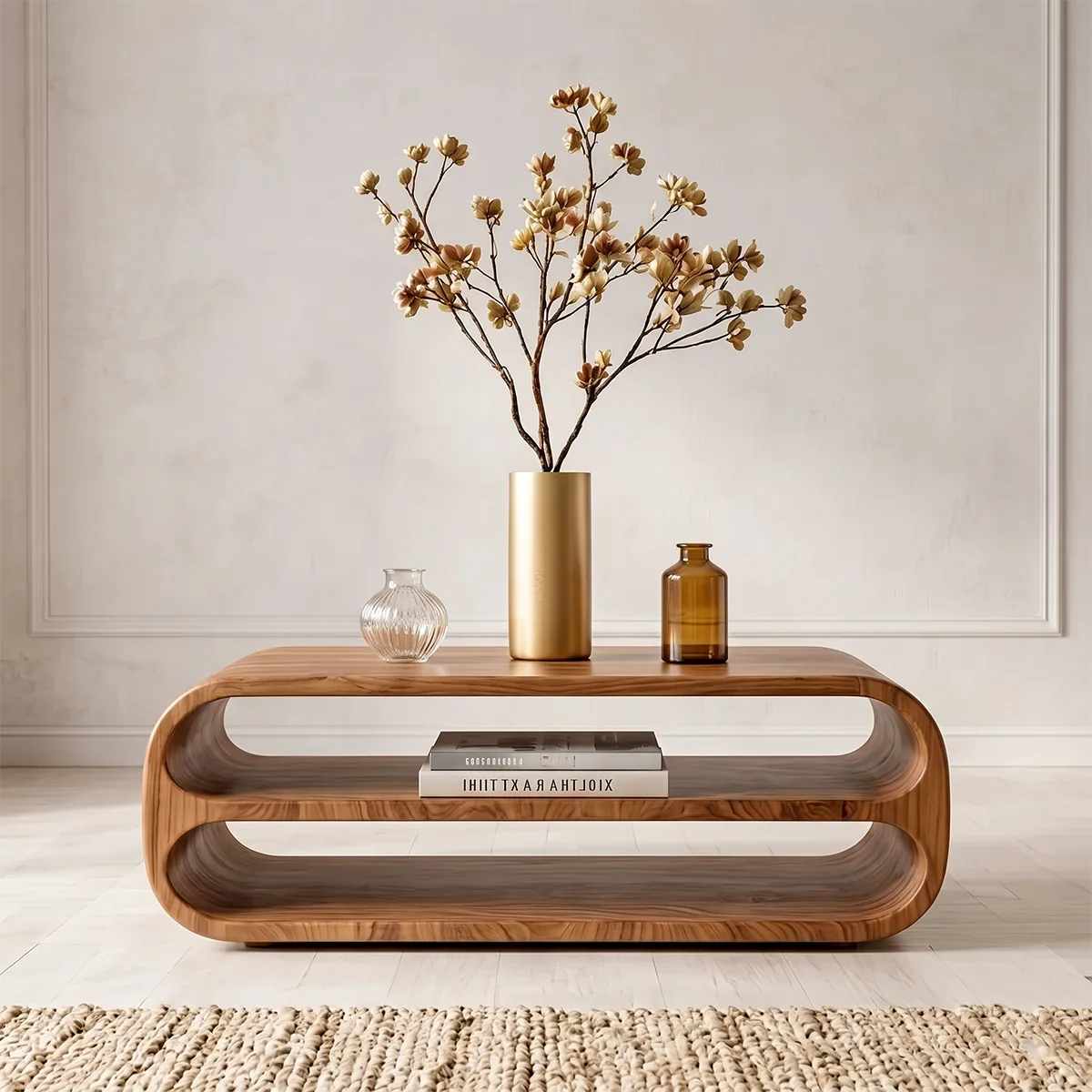 Modern Solid Wood Rounded Coffee Table with Double Open Storage