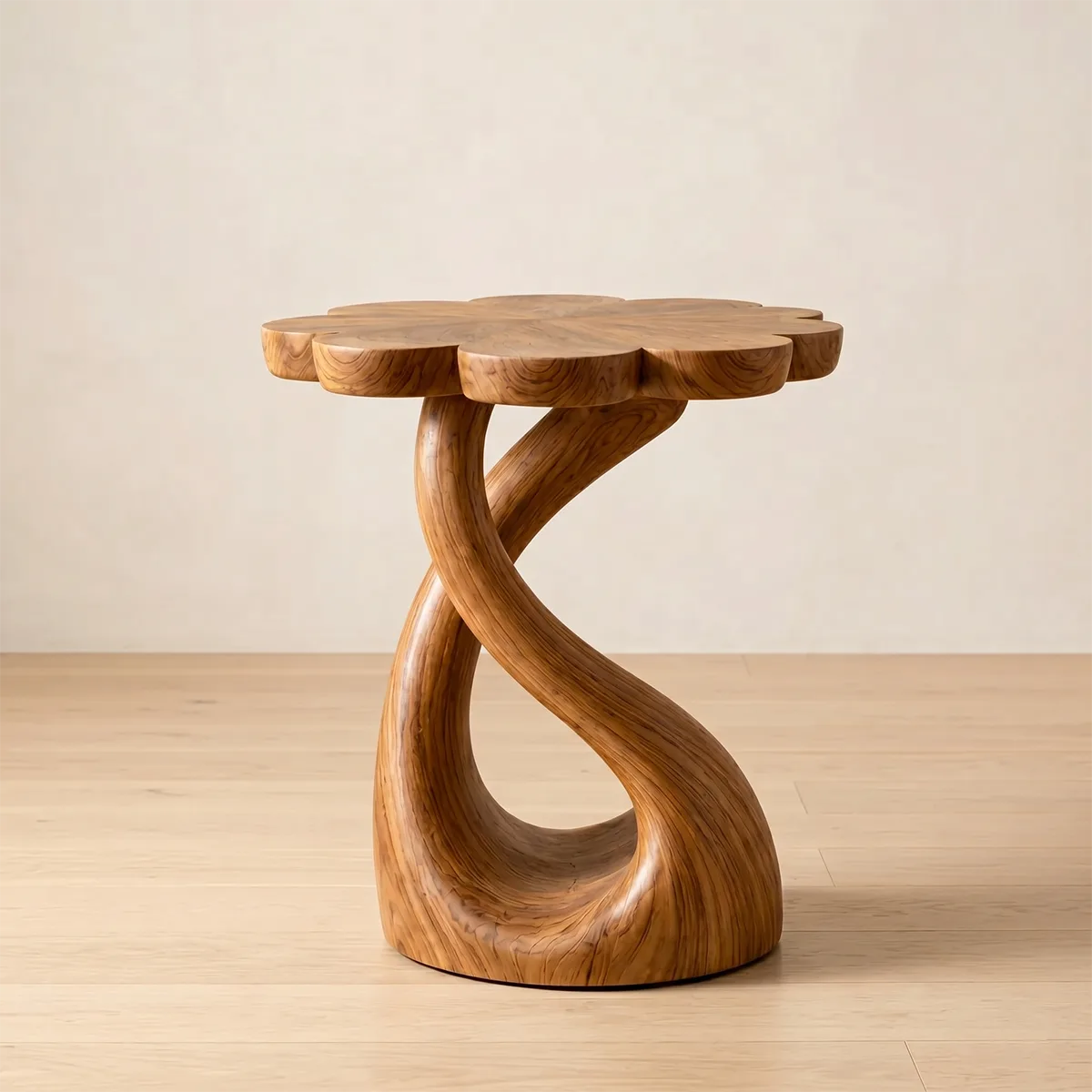 Flower-Shaped Wooden Nightstand With Sculptural Twisted Base