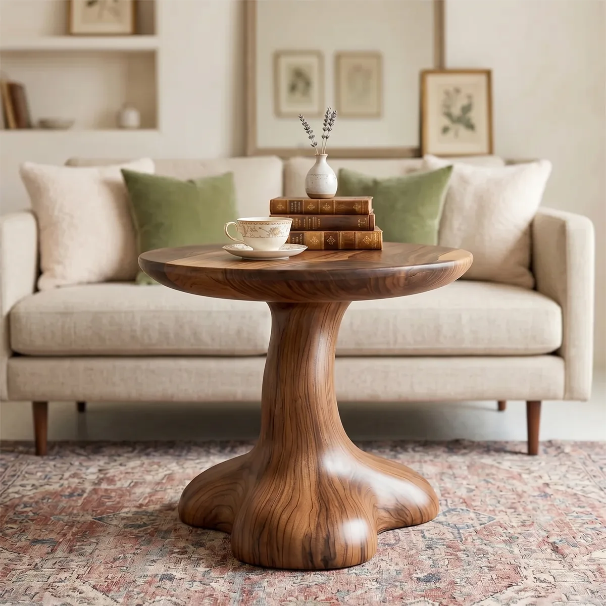 Sculptural Solid Wood Side Table, Round Pedestal End Table TH003-1065