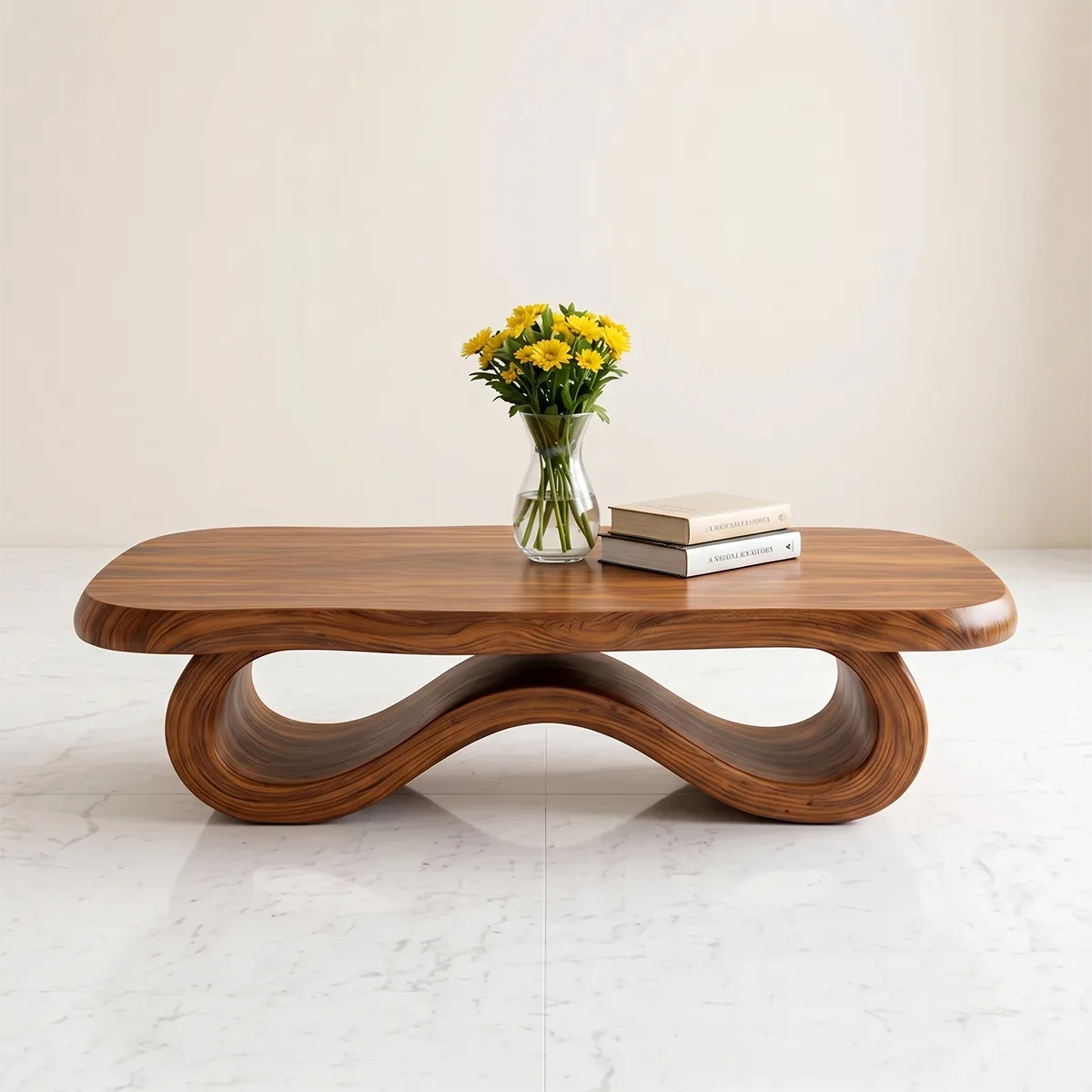 Modern Solid Wood Sculptural Coffee Table with Ribbon Base
