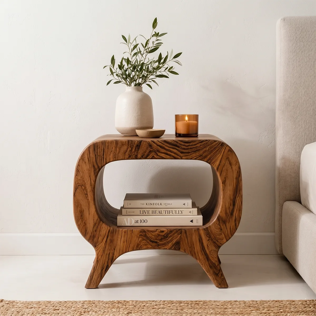 Solid Wood Nightstand with Open Shelf Storage