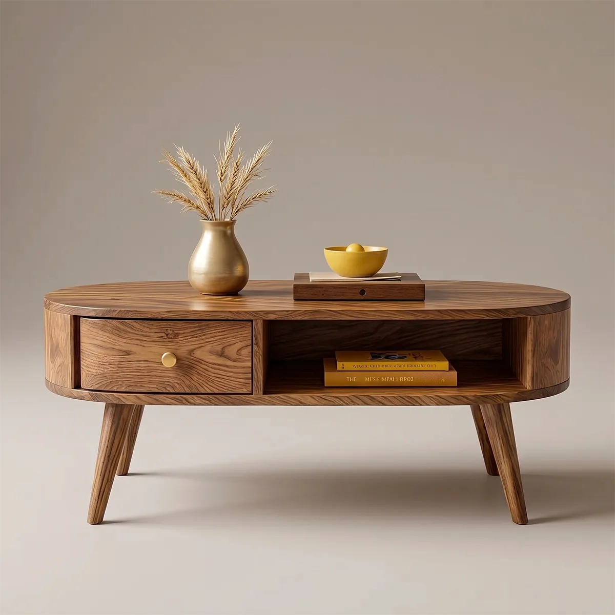 Mid Century Modern Solid Wood Oval Coffee Table with Drawer and Shelf