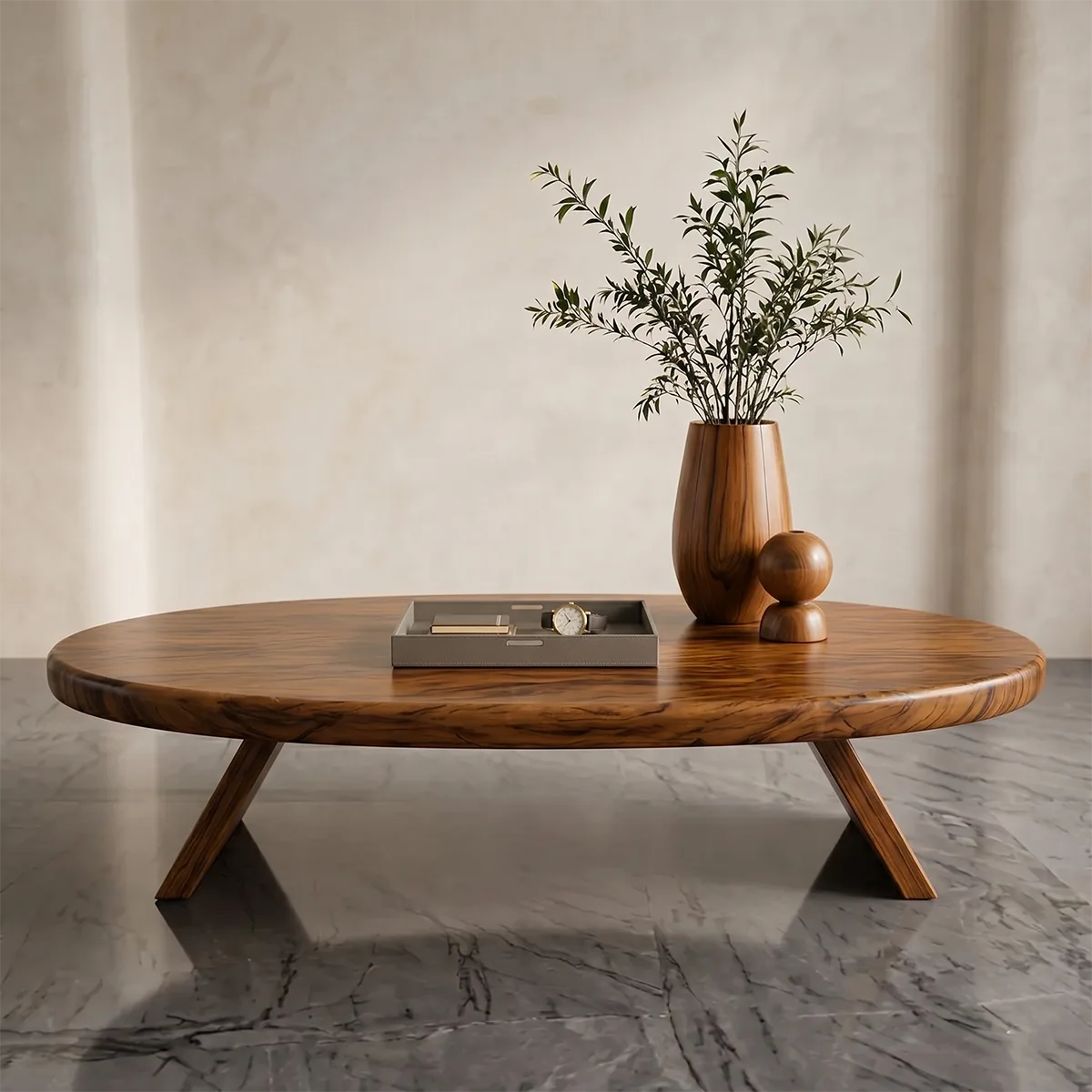 Modern Solid Wood Oval Coffee Table with Slanted Pedestal Legs