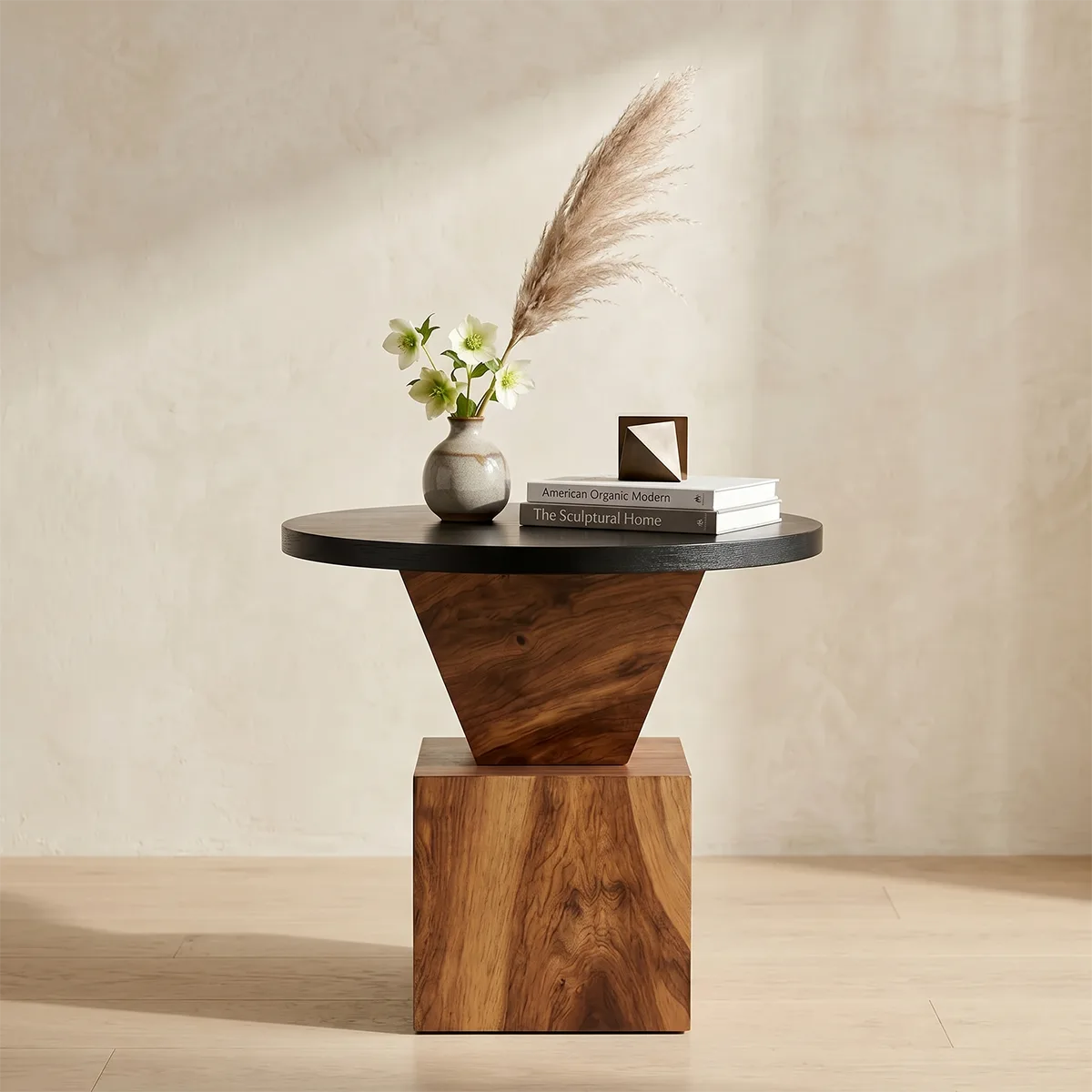 Modern Round Solid Wood End Table | Sculptural Pedestal Side Table with Black Top TH003-8718
