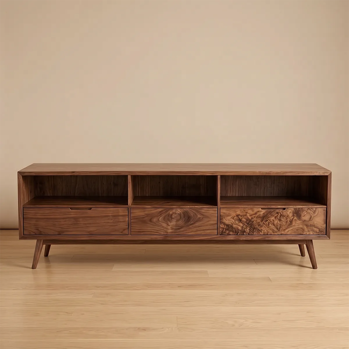 Mid Century TV Stand with Open Shelves and 3 Drawers