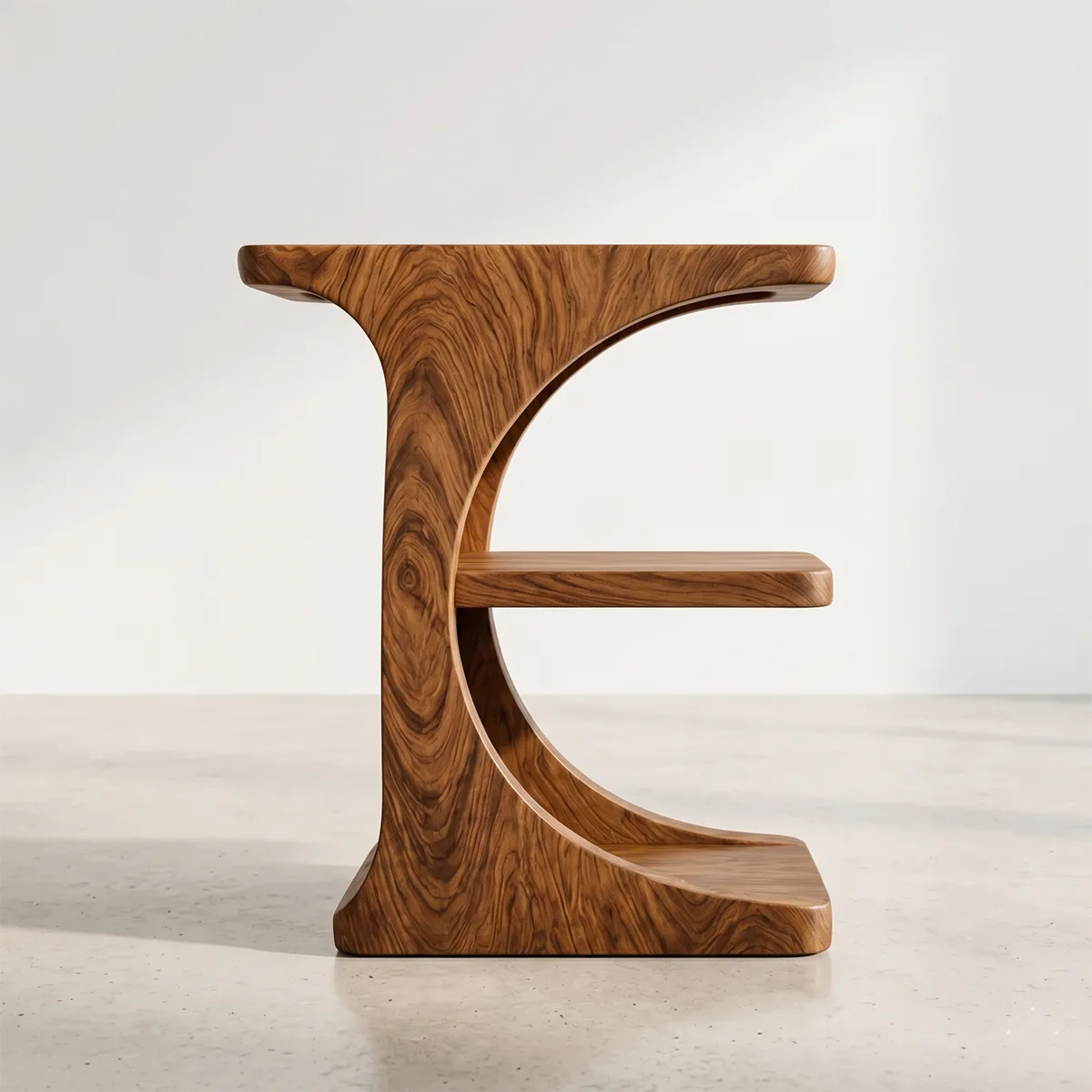 Sculptural Solid Wood Nightstand with Curved Open Shelf