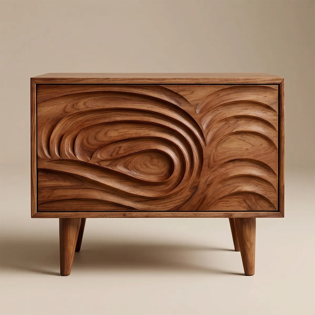 Modern Solid Wood End Table with Storage | Mid Century Nightstand with Carved Drawer TH003-2138