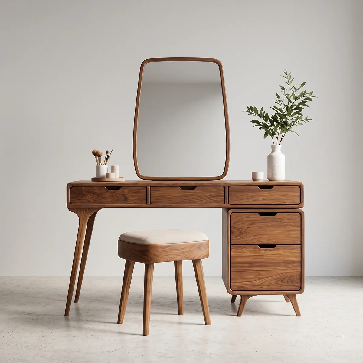 Mid-Century Solid Wood Vanity Desk with Mirror and Storage Drawers