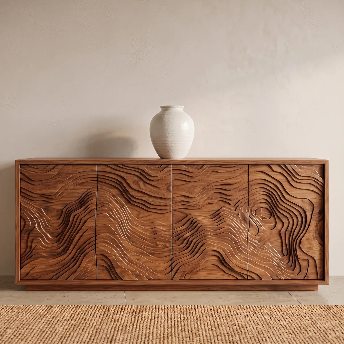 Topographic Carved Solid Wood Sideboard | Organic Modern Buffet Cabinet for Dining & Living Room TH003-9201