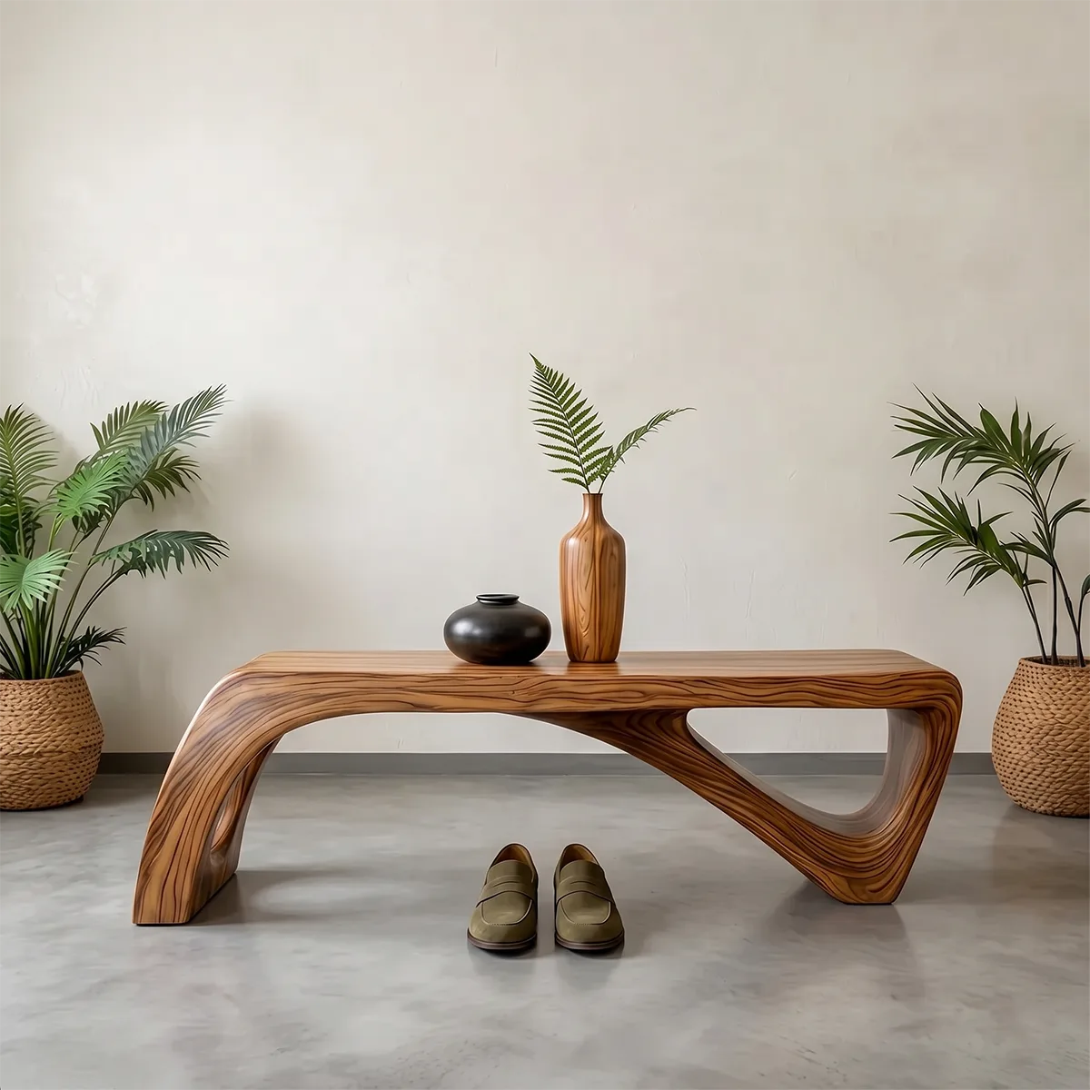 Sculptural Solid Wood Entryway Bench for Organic Modern and Contemporary Interiors