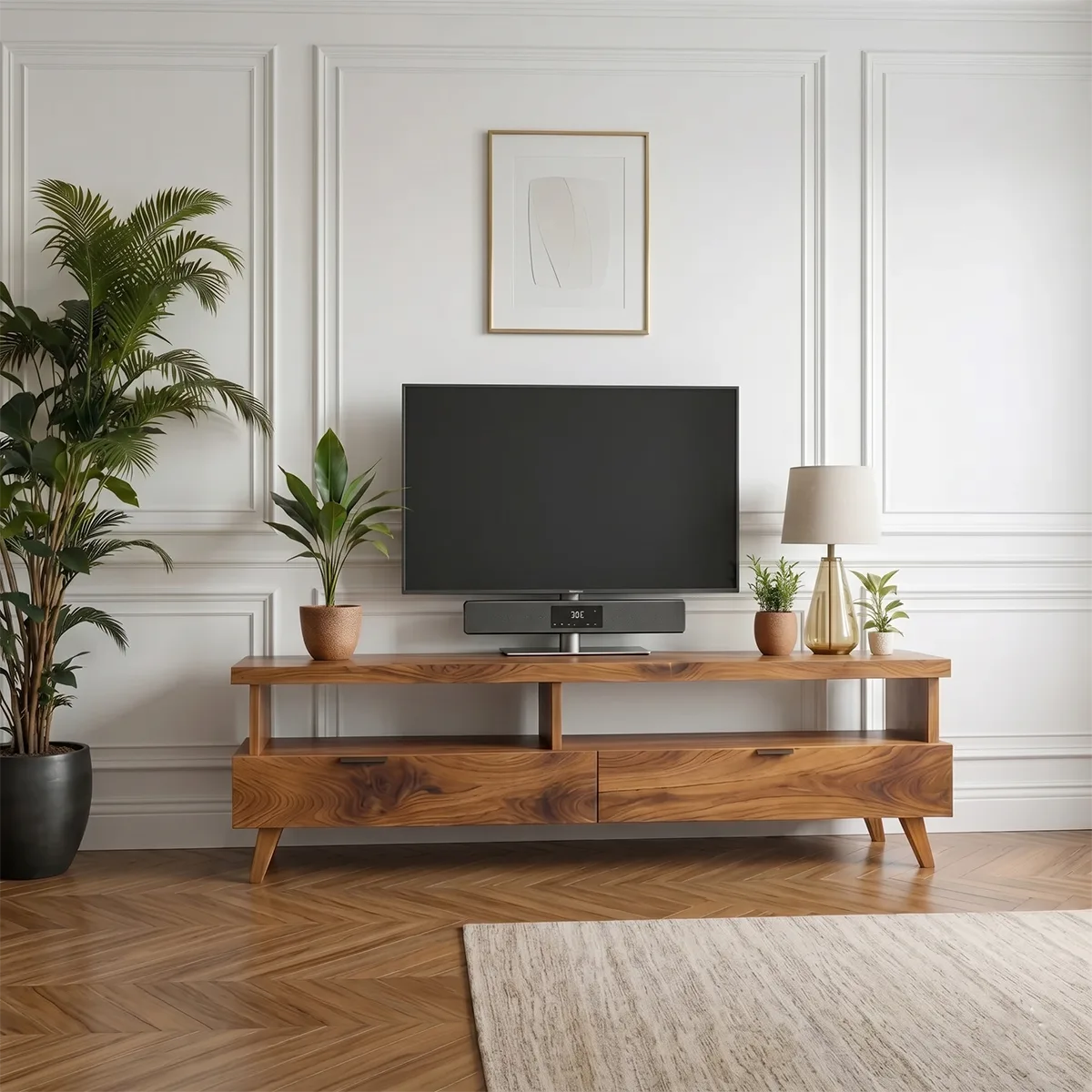 Minimalist TV Stand with Open Shelf and 2 Drawers