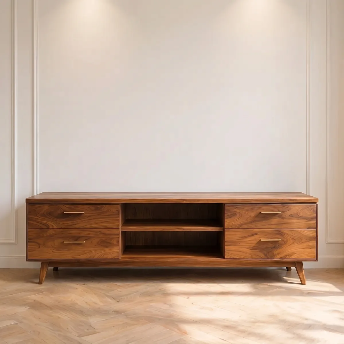 Solid Wood TV Stand with 4 Drawers and Open Center Shelves
