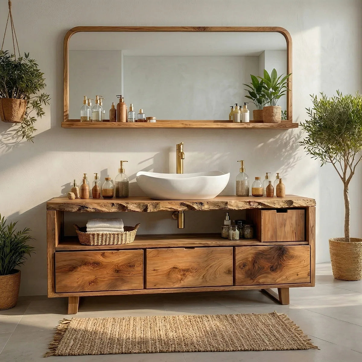 Rustic Natural Solid Wood Bathroom Vanity, Single Sink Wood Vanity with 3 Drawers & Open Shelf