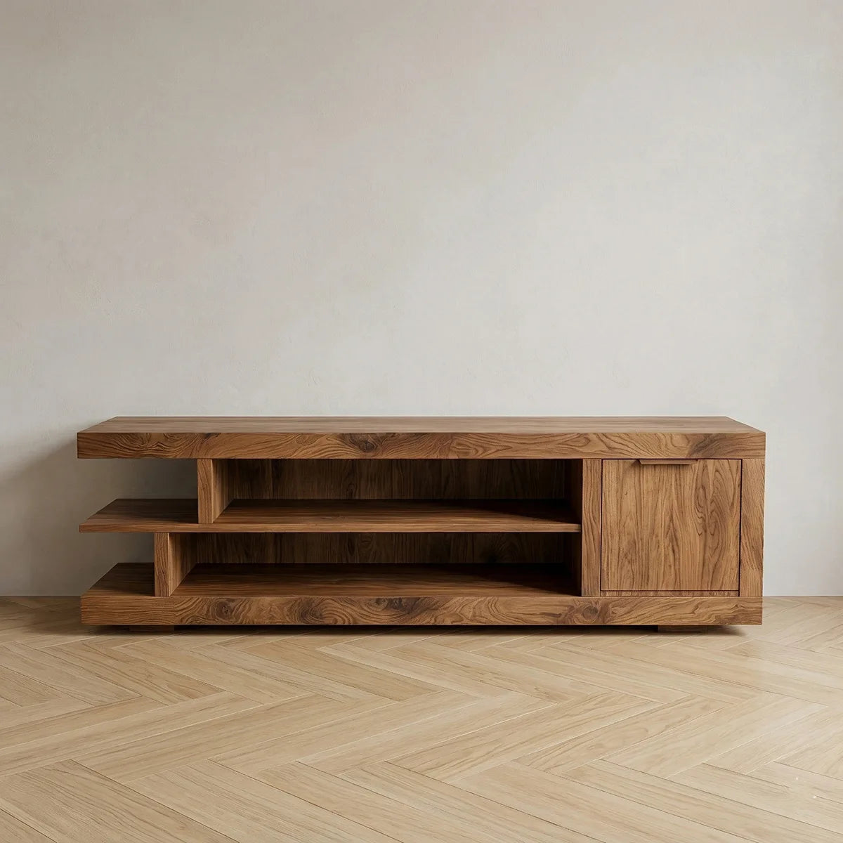 Solid Wood TV Cabinet with Open Shelves and Side Door Storage