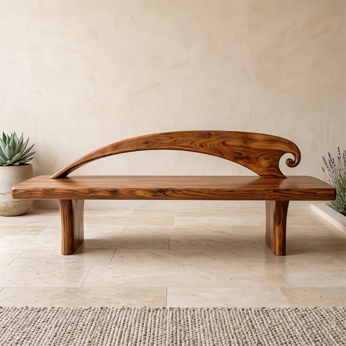 Curved Crest Back Garden Bench, Sculptural Wooden Outdoor Seating TH003-2509
