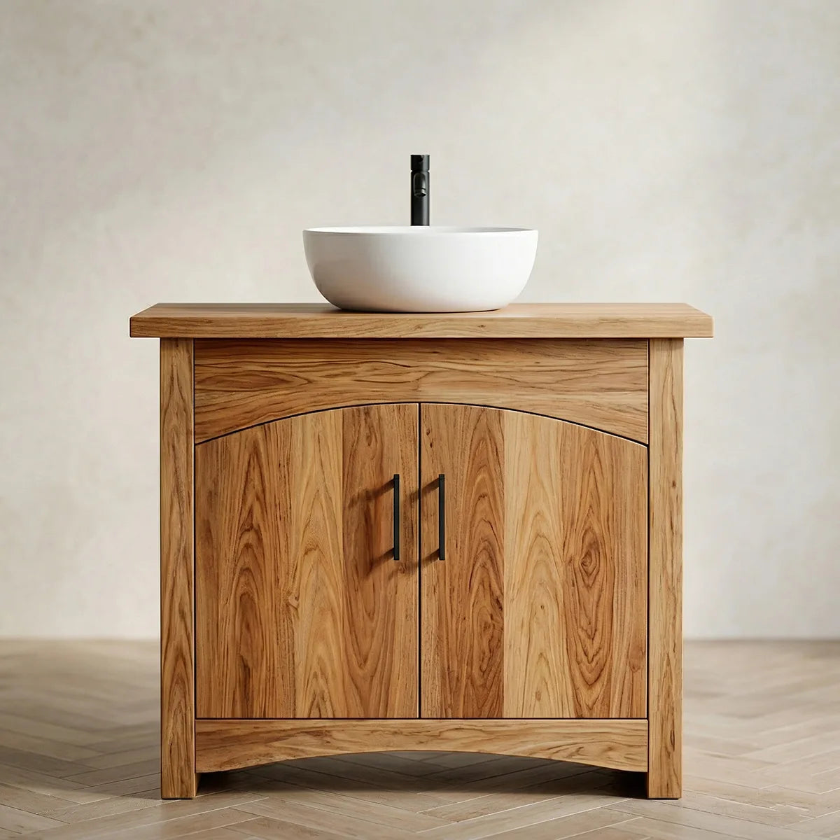 Modern Solid Wood Bathroom Vanity Cabinet with Curved Double Doors