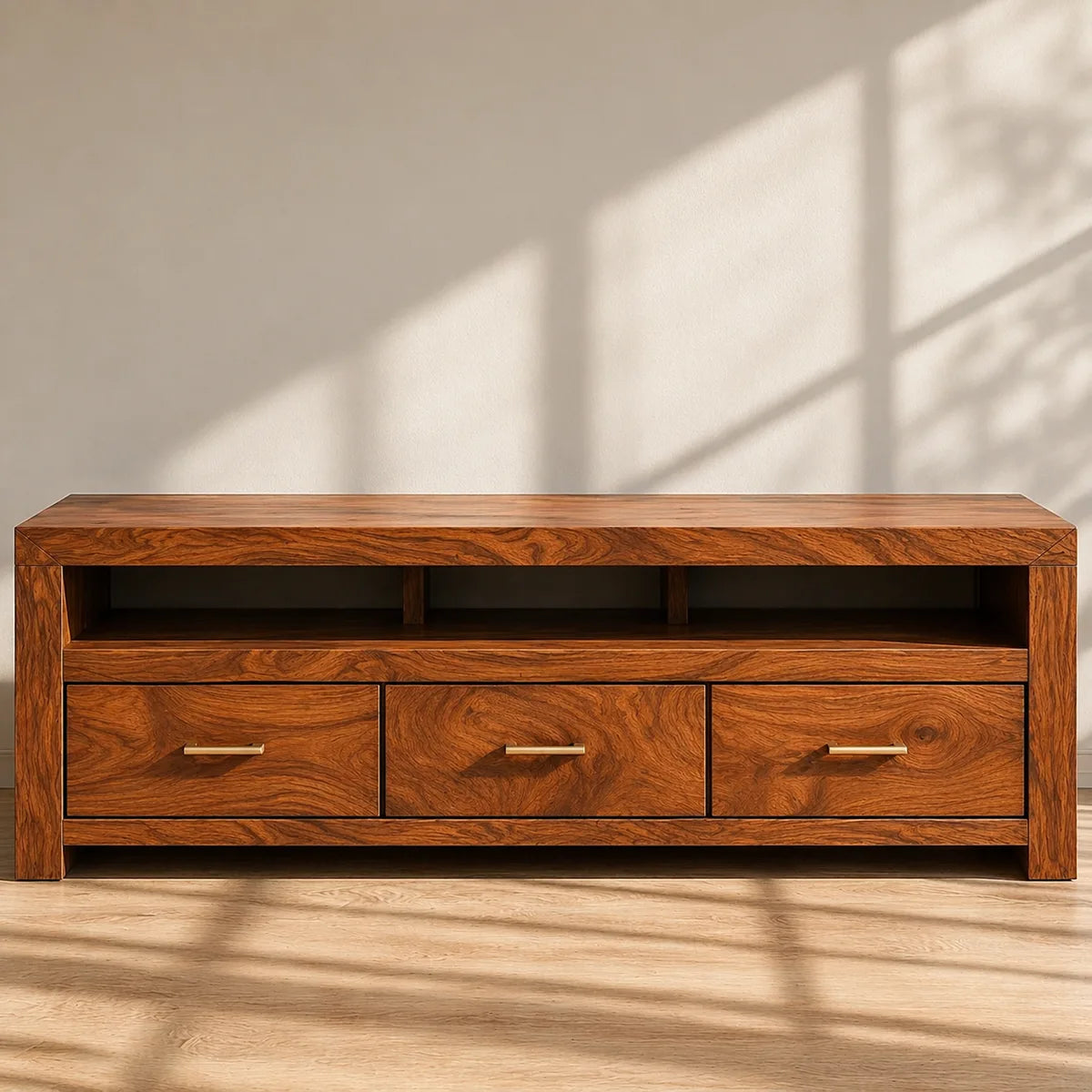 Solid Wood TV Stand with Open Shelves and 3 Drawers