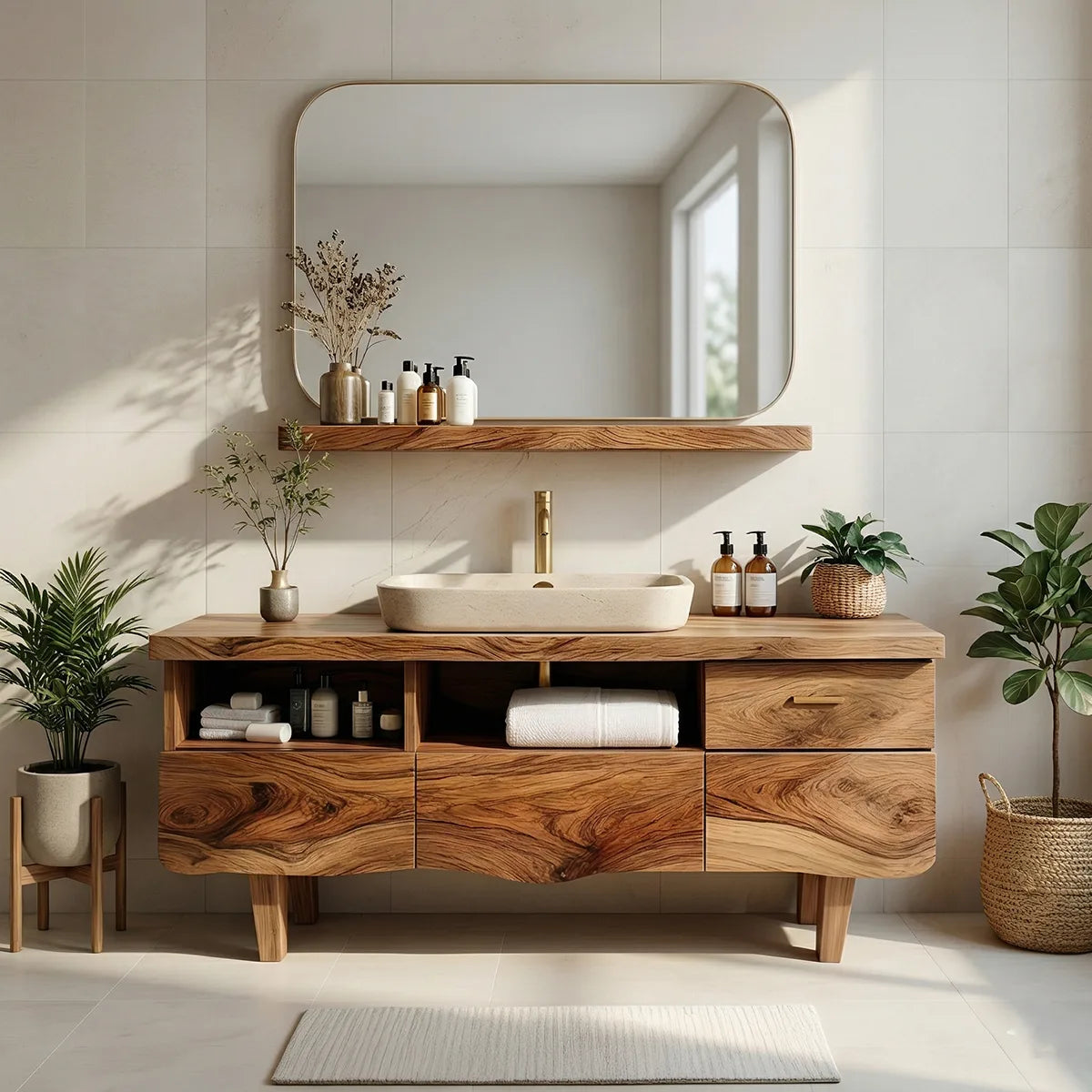 Contemporary Solid Wood Bathroom Vanity with Wave Front and Open Shelf