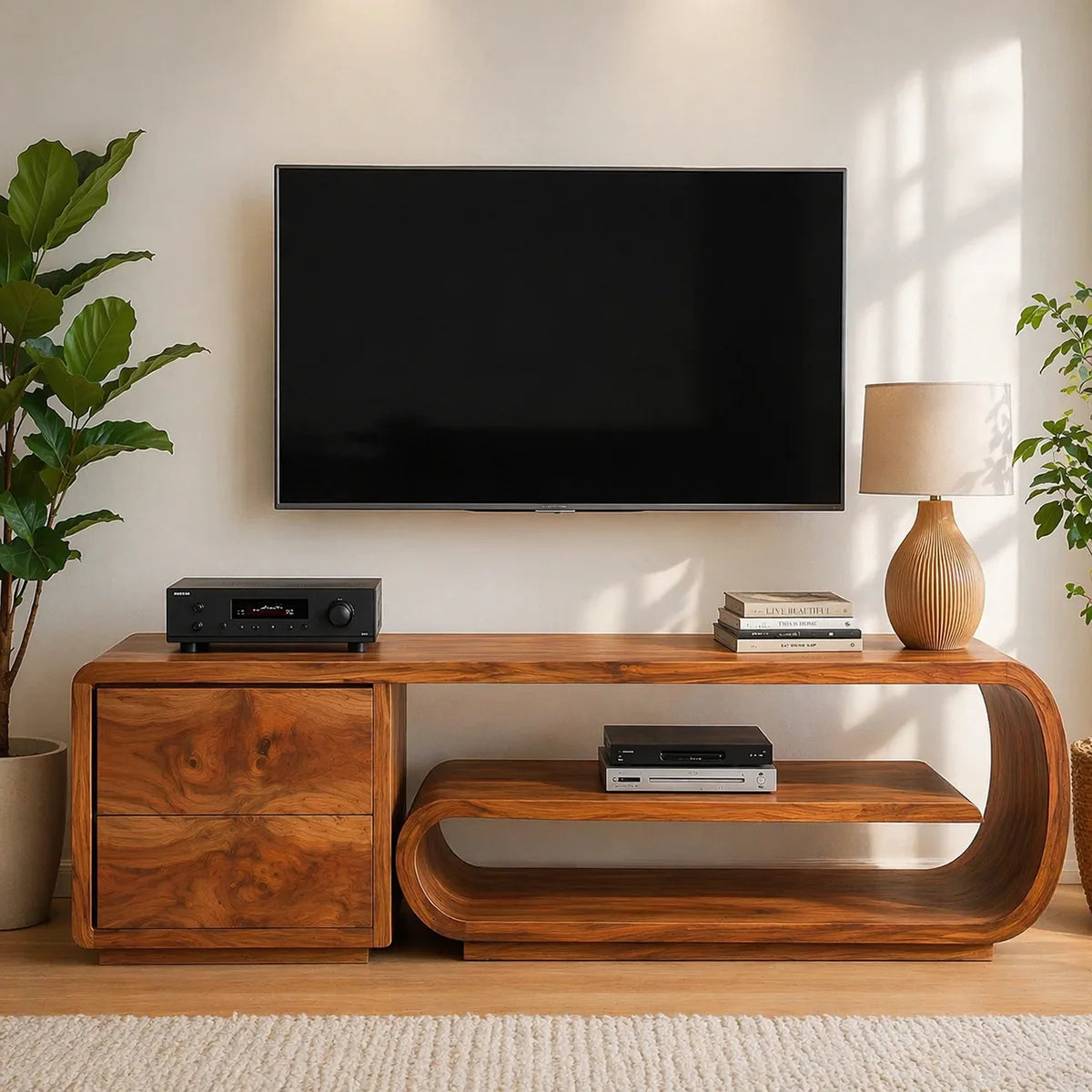 Solid Wood TV Stand with Rounded Open Shelf and 2 Drawers