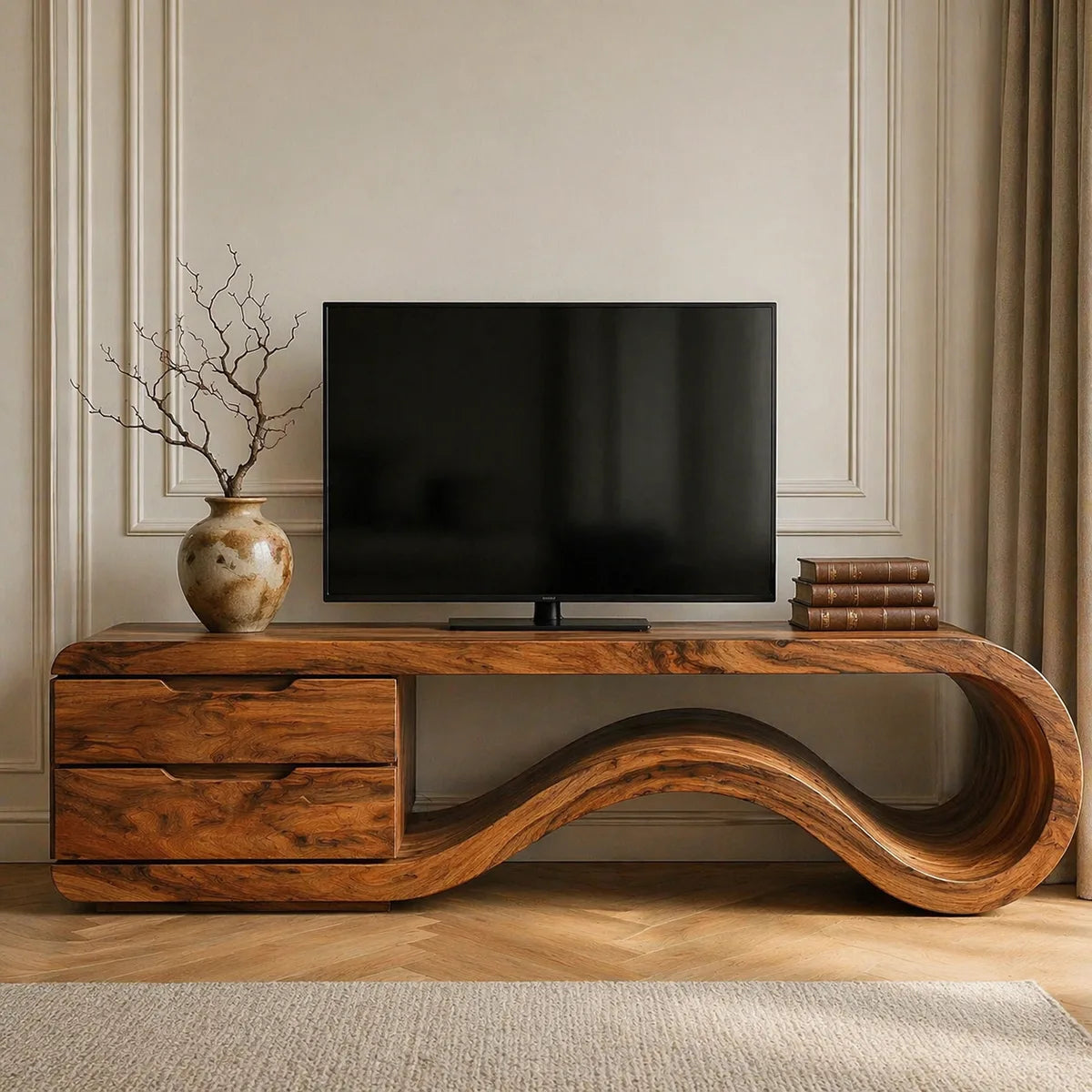 Solid Wood TV Console with Sculptural Wave Shelf and 2 Drawers