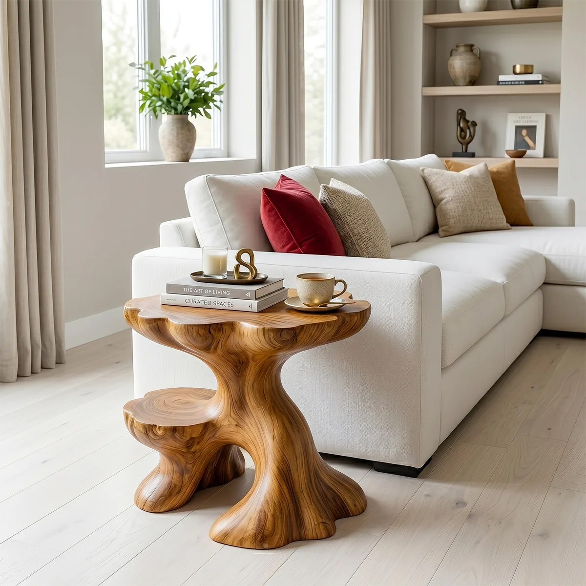 Sculptural Solid Wood Side Table with Shelf | Organic End Table TH003-9908
