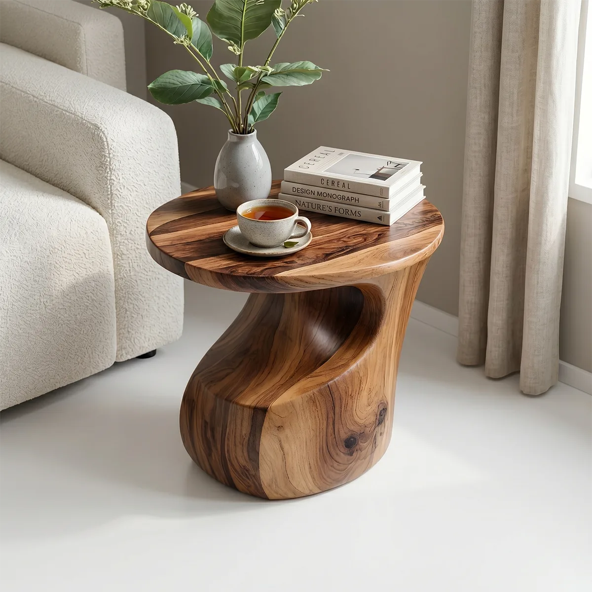 Sculptural Solid Wood Side Table, Round End Table with Curved Pedestal Base TH003-3965