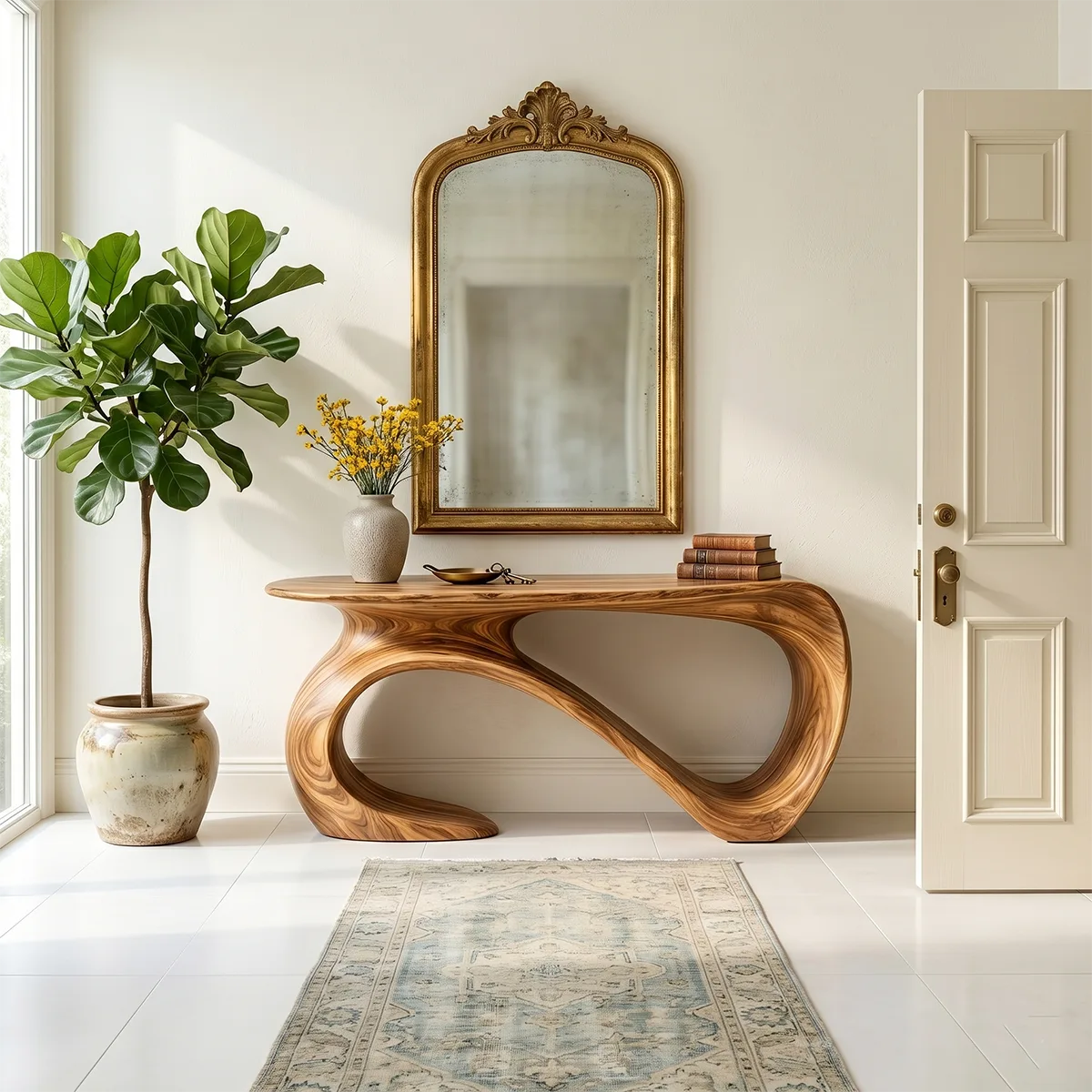 Artistic Solid Wood Entryway Table with Sculptural Design