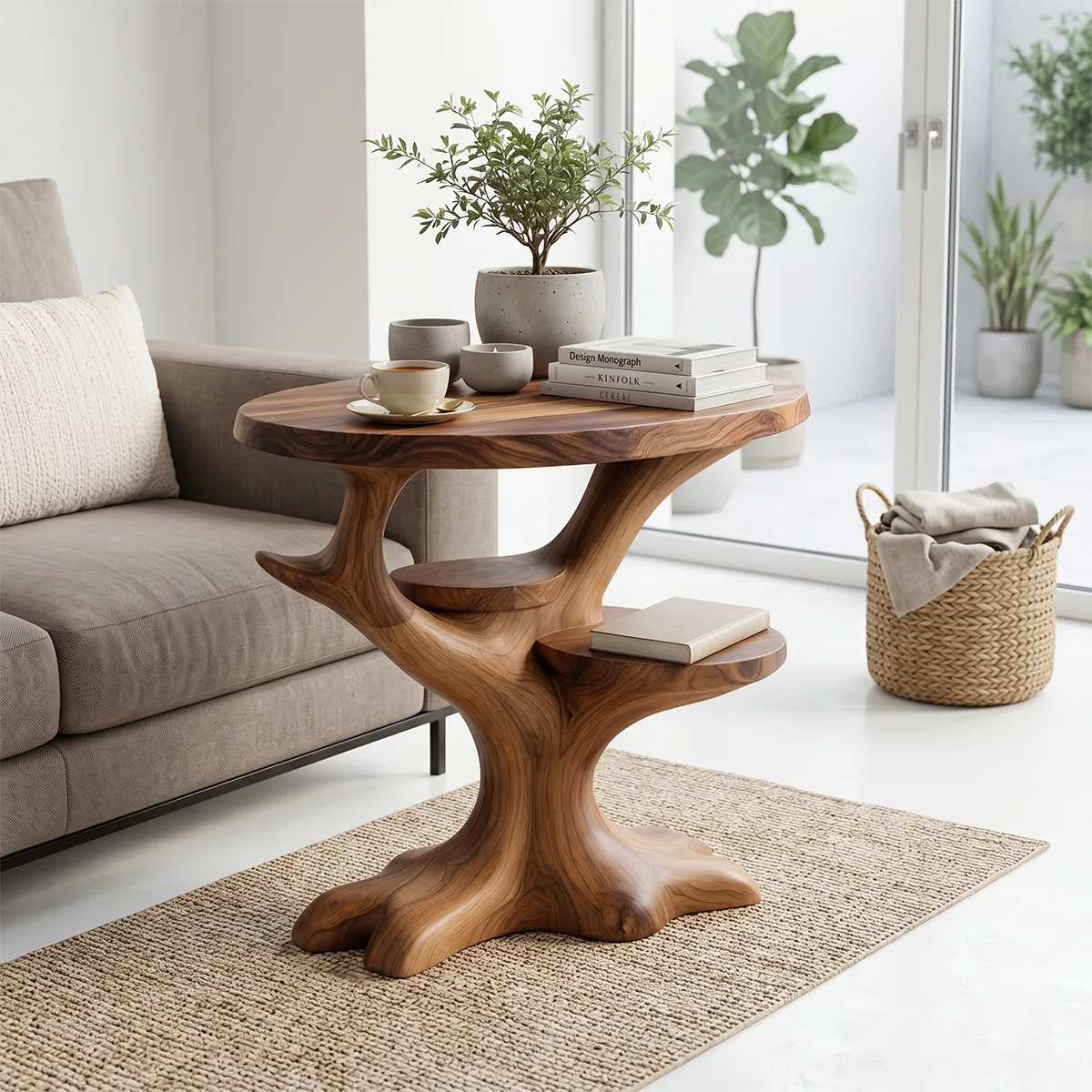 Sculptural Solid Wood Side Table with Shelves, Tree-Inspired End Table, Handcrafted Organic Wood Accent Table TH003-1094