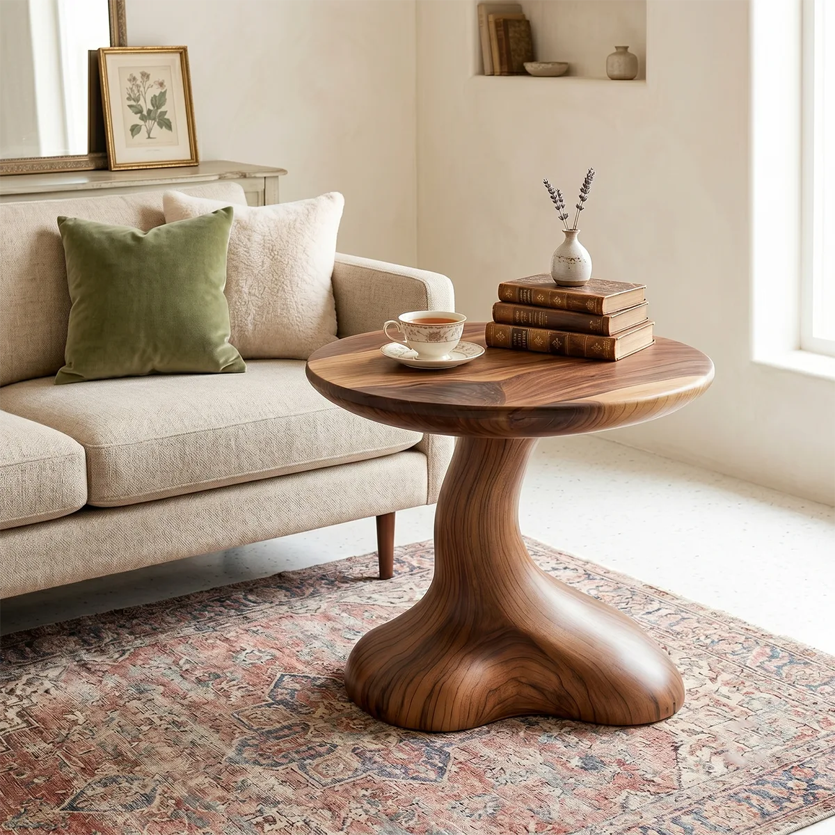 Sculptural Solid Wood Side Table, Round Pedestal End Table TH003-1065