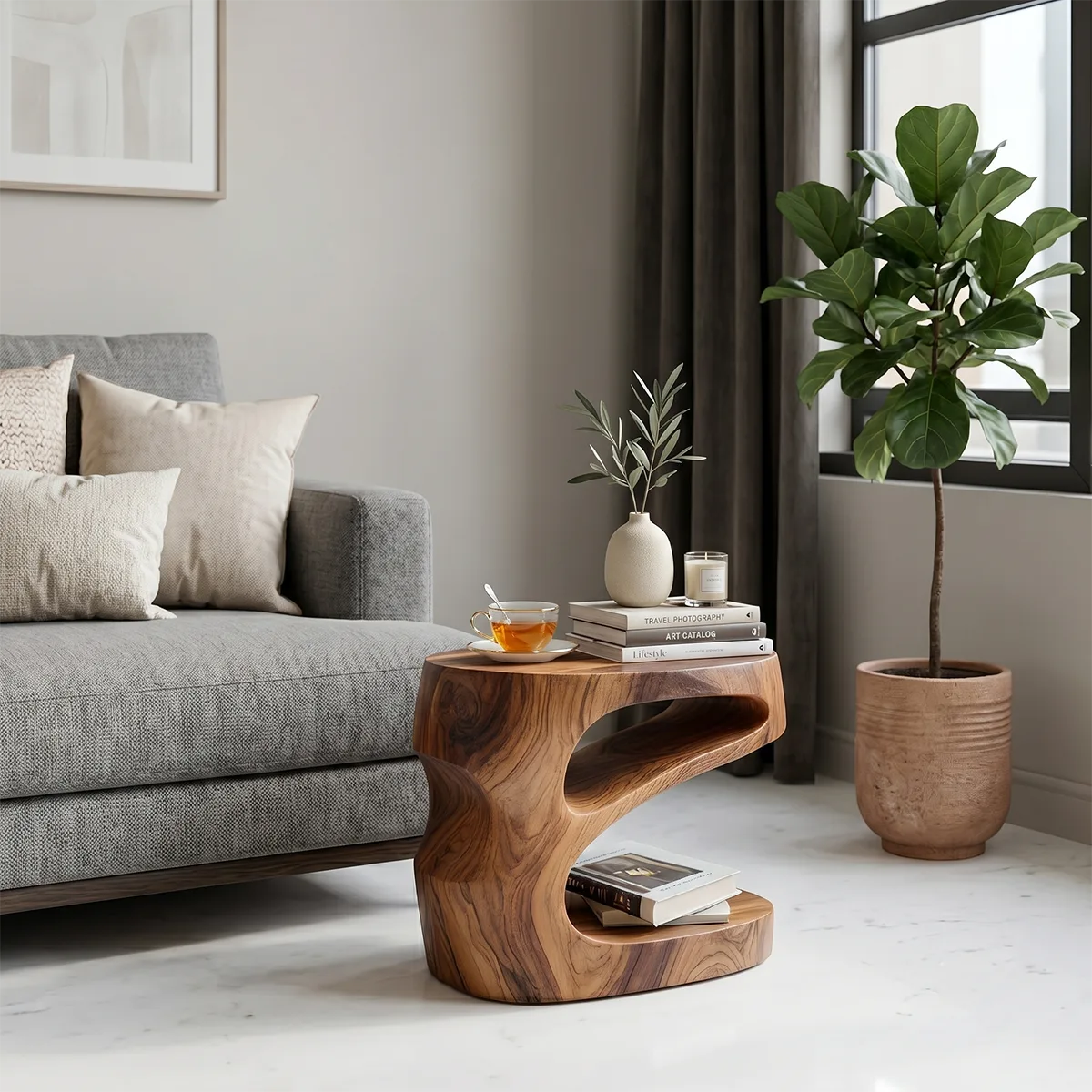 Handcrafted Sculptural Solid Wood Side Table with Storage Shelves TH003-7929