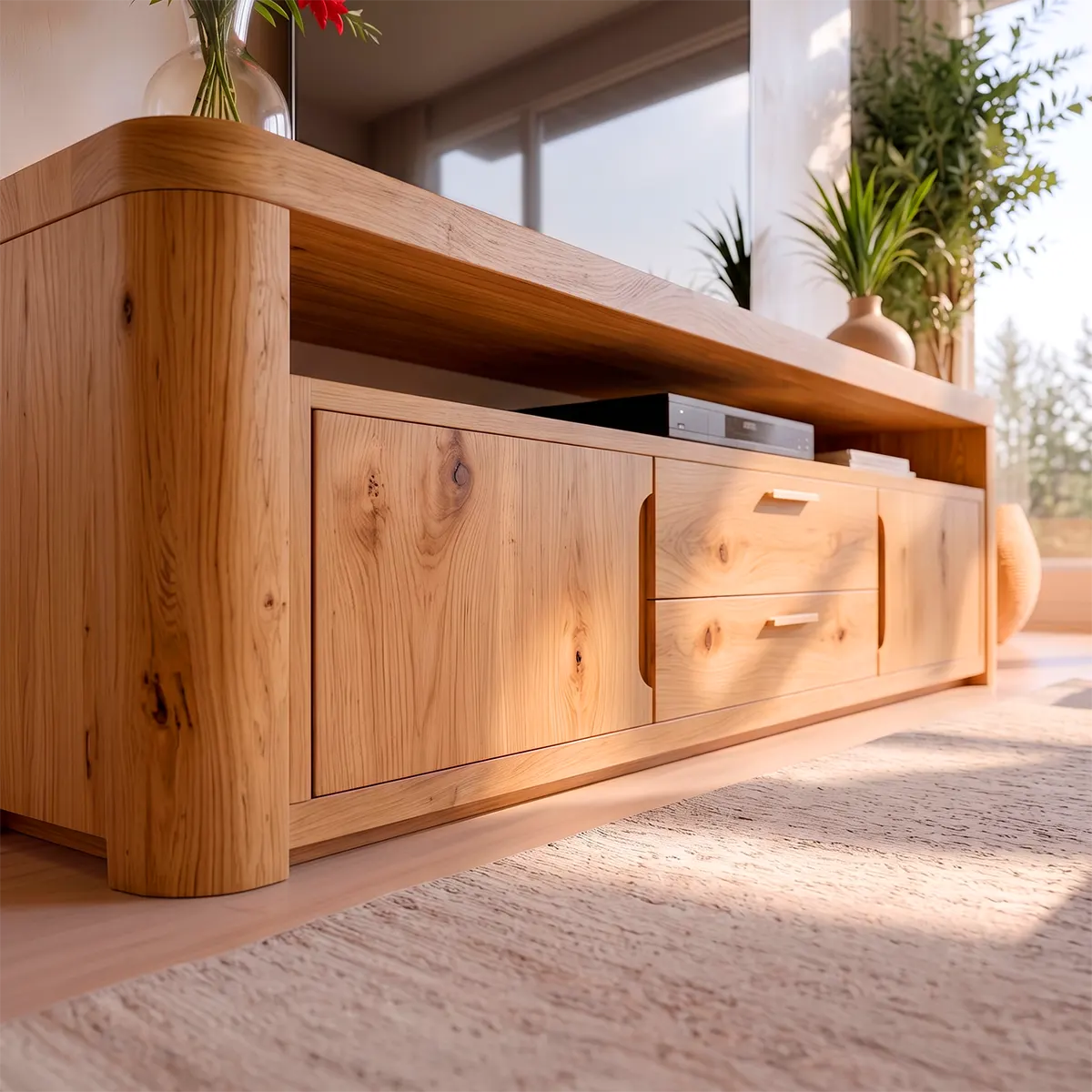Modern TV Stand with 2 Cabinets, 2 Drawers & Open Media Shelf | Low Profile Entertainment Console TT006-8OIW7WL