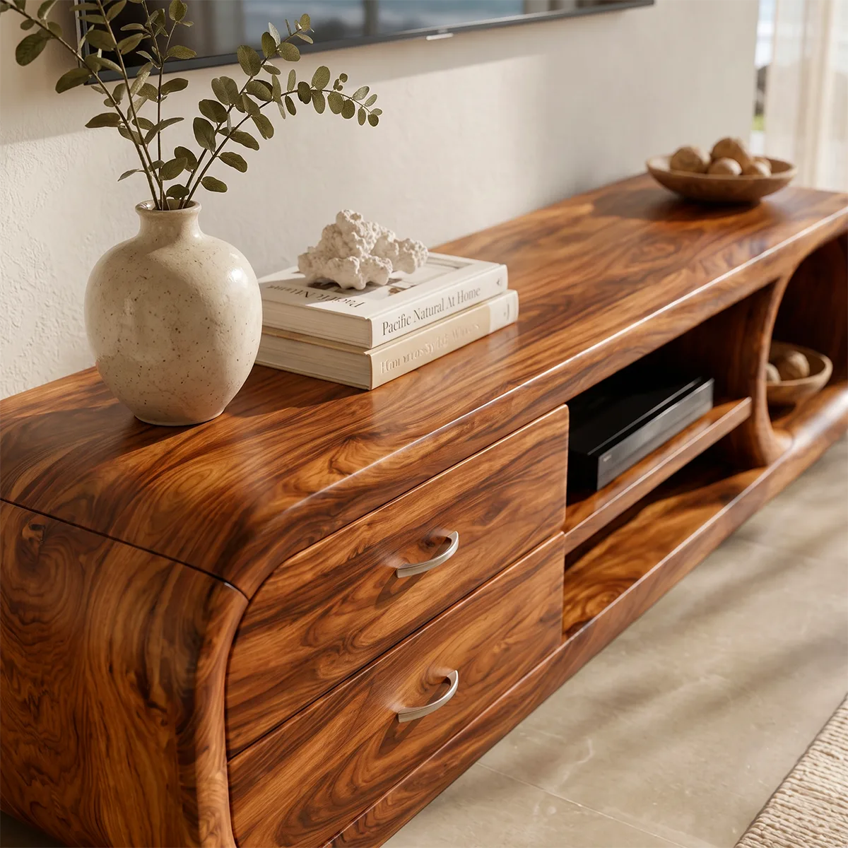 Modern Curved TV Stand with 2 Drawers & 3 Open Storage Areas TT006-8EDM7QK